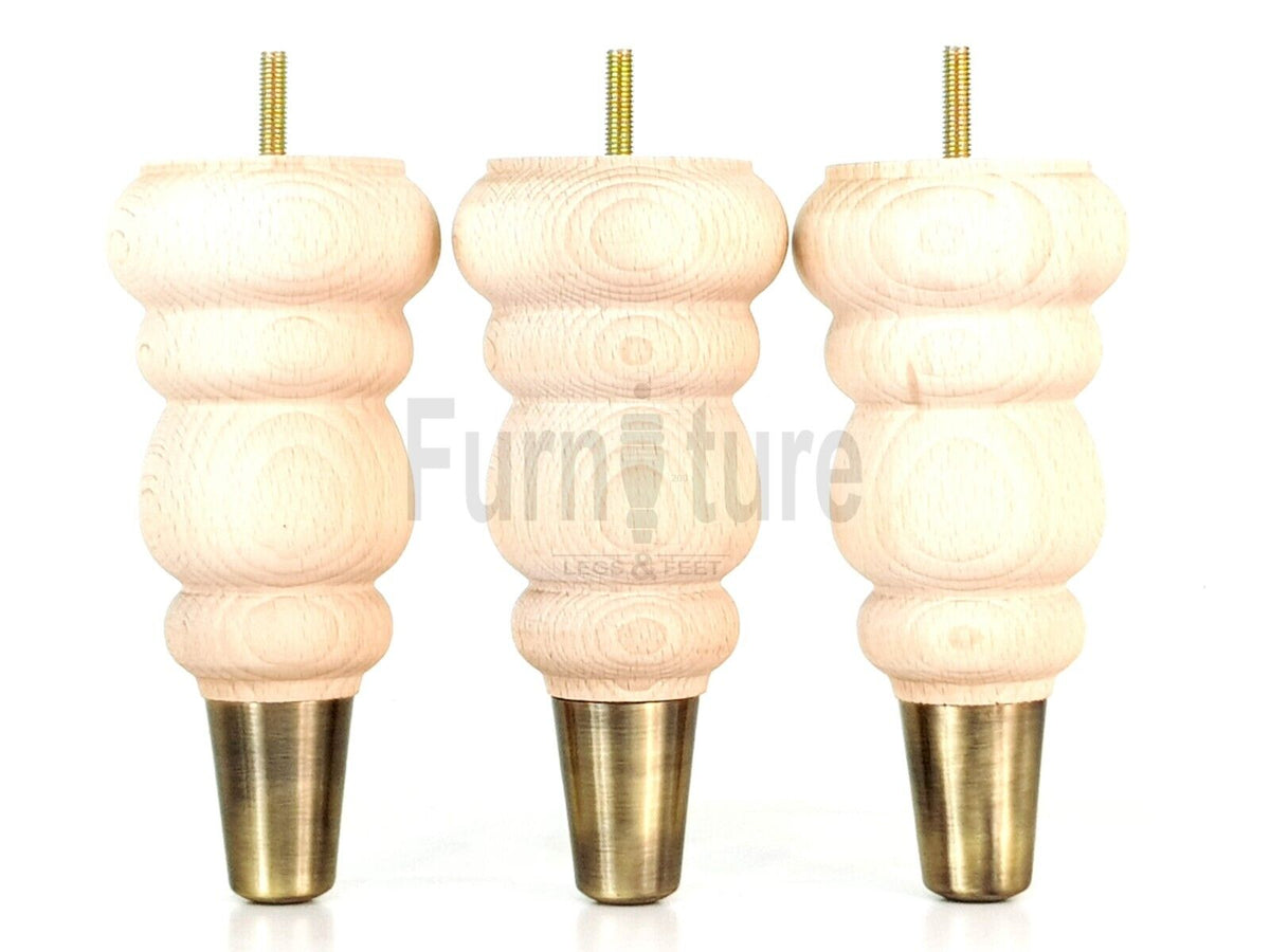 4x Round and Turned Wood Furniture Legs With Brass Slipper Cups Replacement Feet 185mm High 8mm Thread