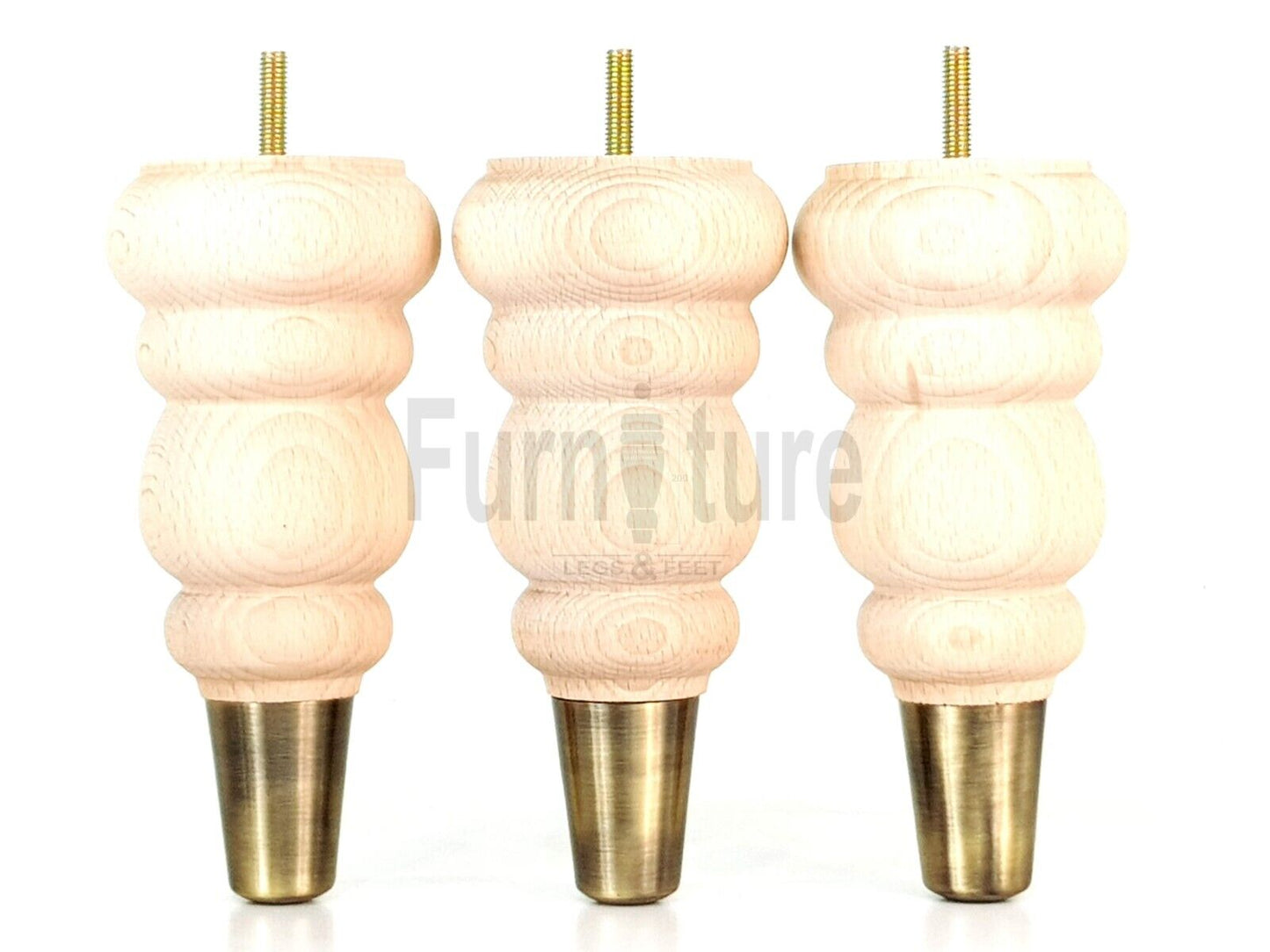 4x Turned Wood Furniture Feet Brass Slipper Cup M8 Chair Sofa Settee Legs 185mm