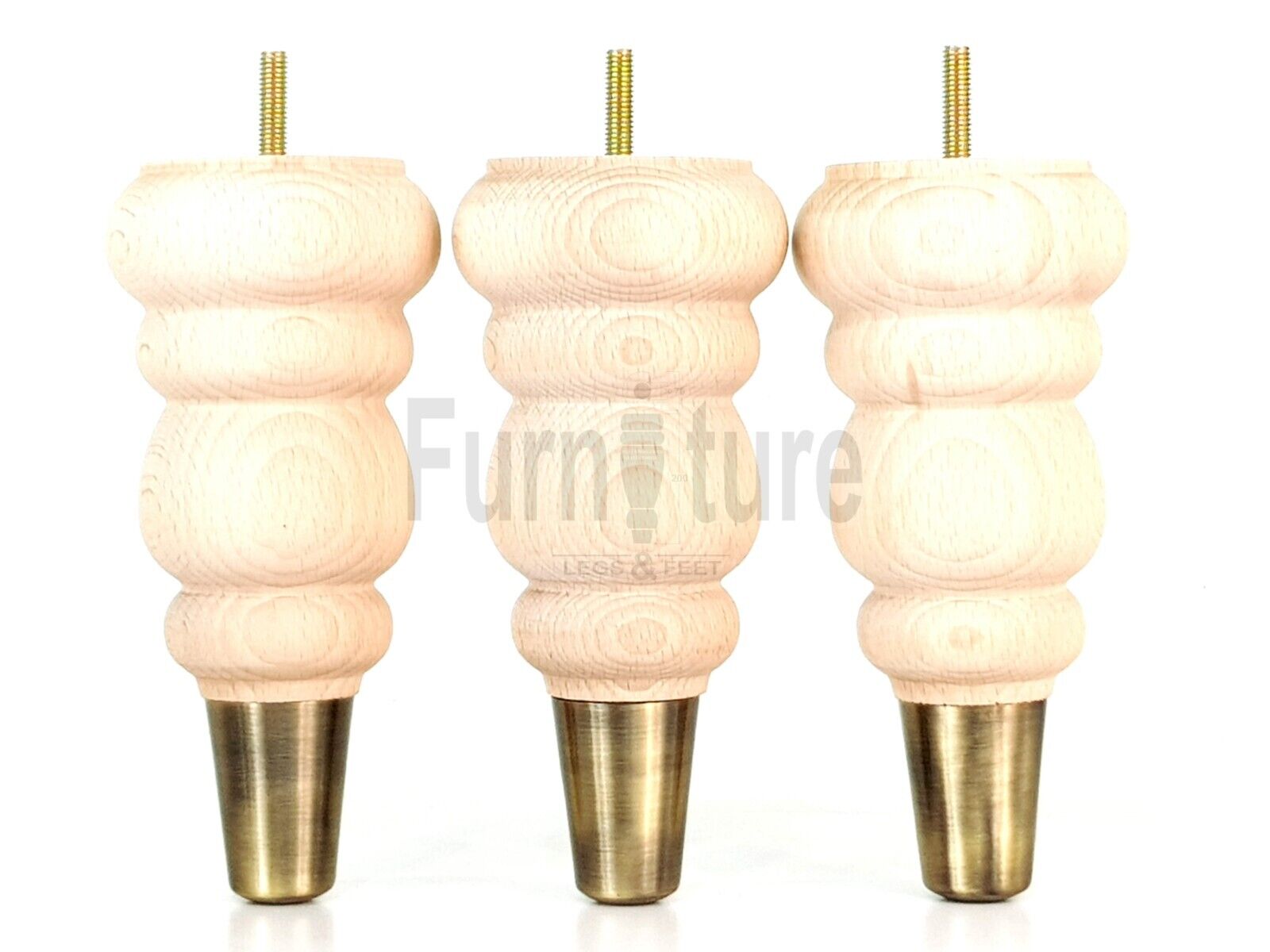 4x Turned Wood Furniture Feet Brass Slipper Cup M8 Chair Sofa Settee Legs 185mm