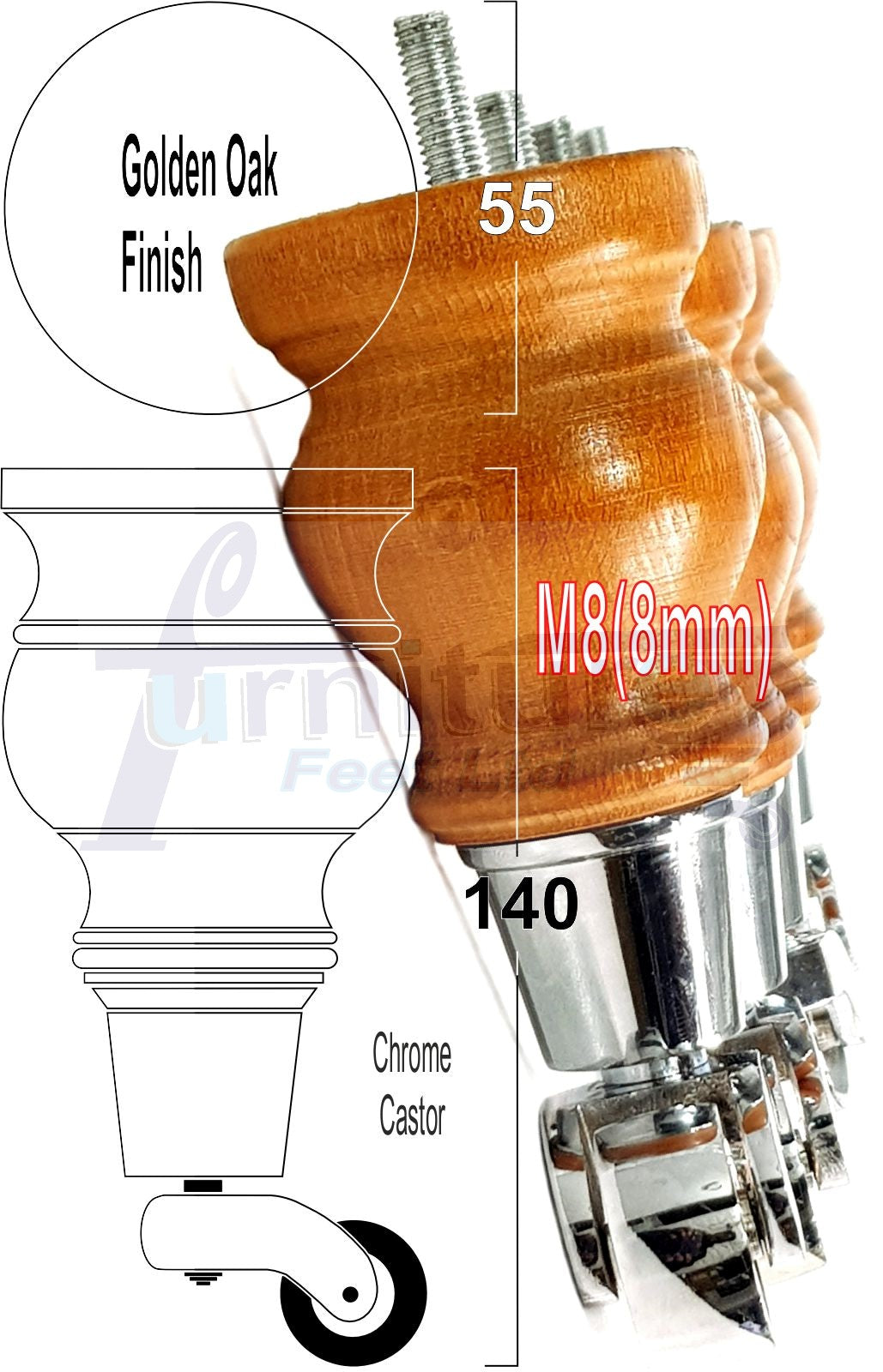 Set Of 4 Turned Wood Furniture Legs With 150mm High Castor 8mm Thread For Chairs Settees & Cabinets Golden Oak Finish