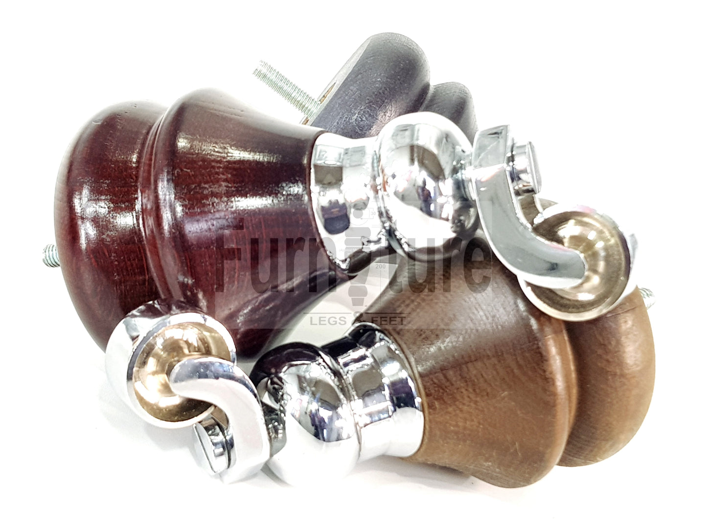 Set Of 4 Turned Furniture Wood Feet With Chrome Castors 150mm Sofas Chairs Settee Cabinets Beds M8(8mm)