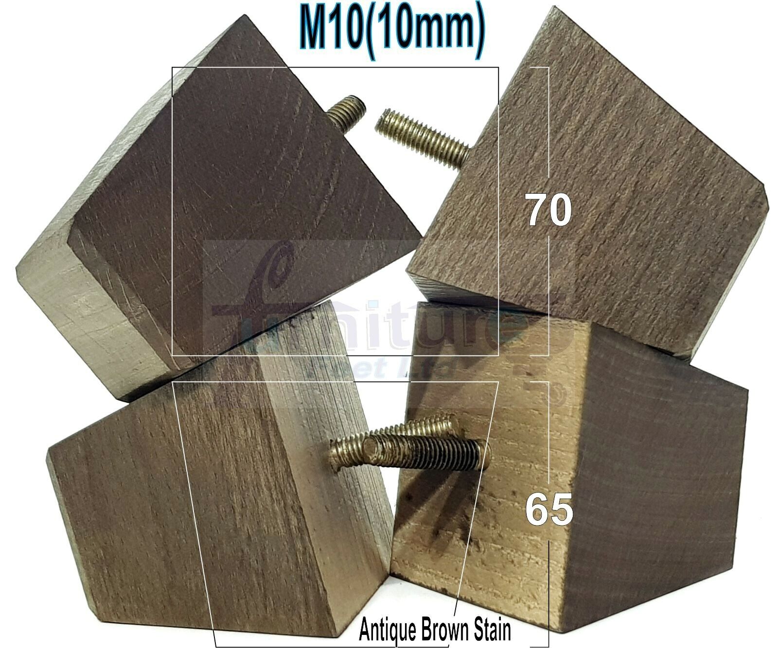 4 Solid Wood Square Furniture Feet Replacement Legs 65mm High M10 Thread