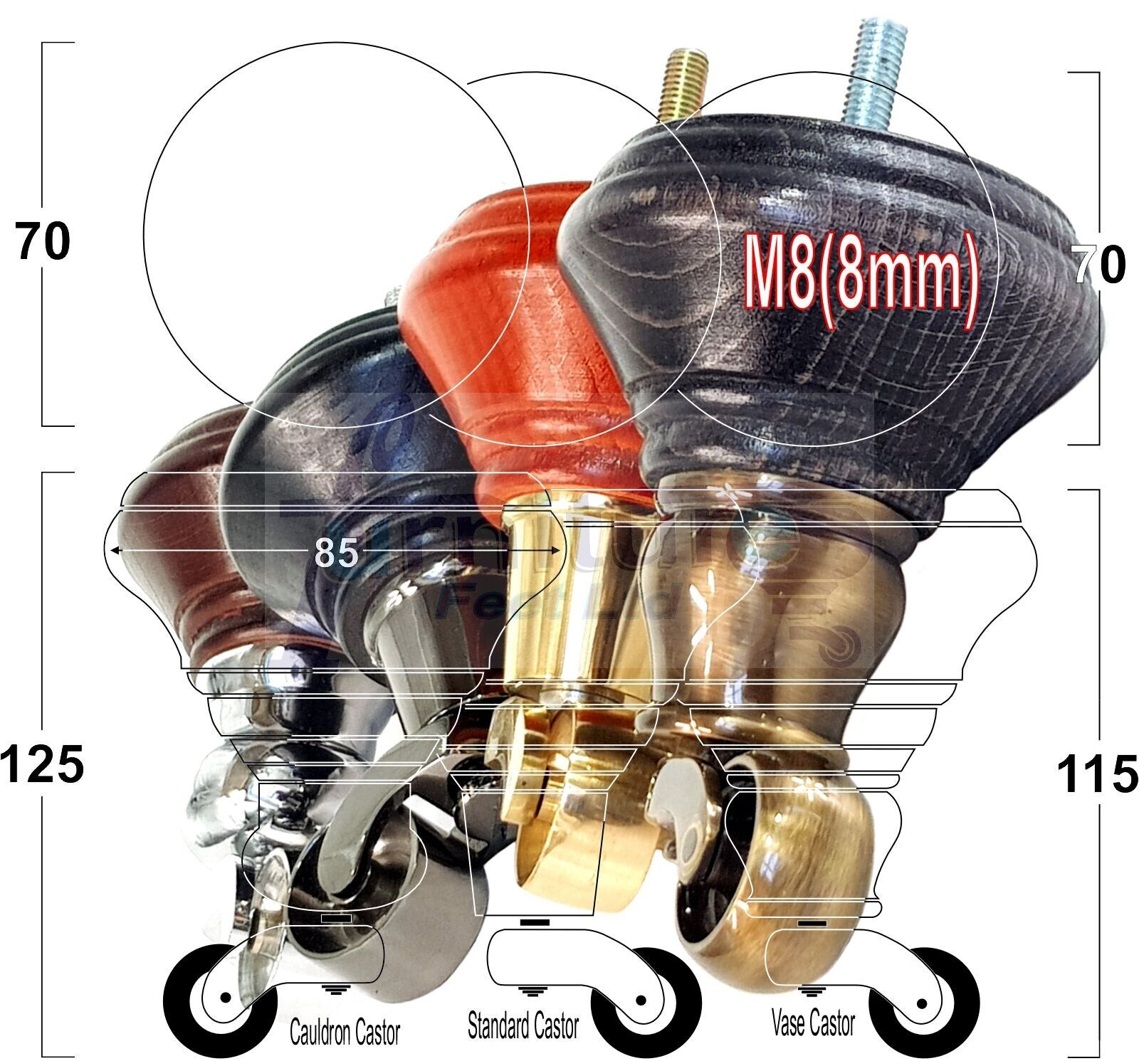 4x Black Wooden Furniture Sofa Legs M8 With Castors Replacment Chair Settee Feet 115mm - 125mm High