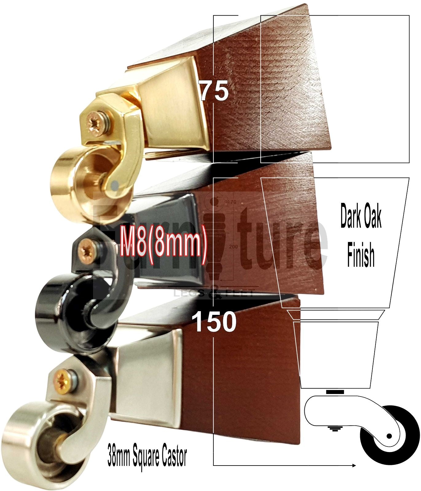 4x Block Wood With Castor Dark Oak Furniture Legs 8mm Thread For Chairs Settees Sofa 150mm High