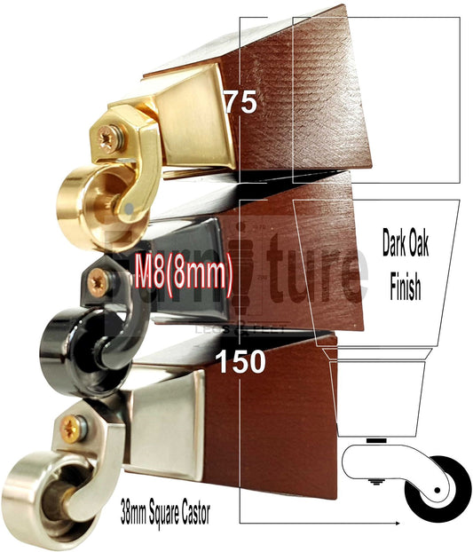4x Block Wood With Castor Dark Oak Furniture Legs 8mm Thread For Chairs Settees Sofa 150mm High