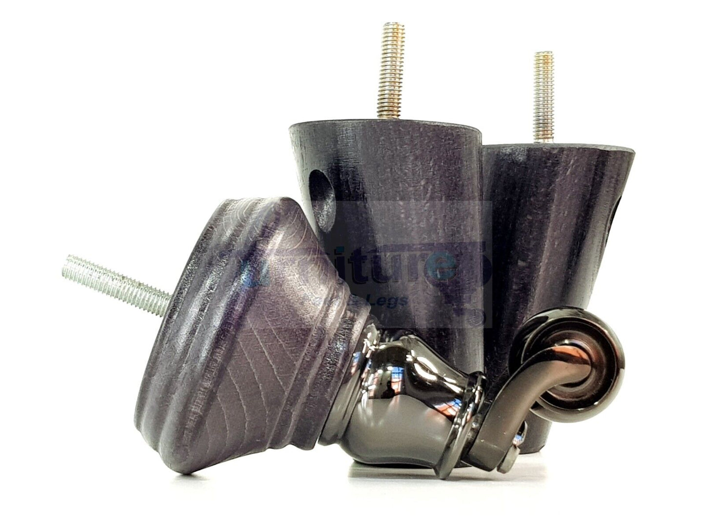 2 Black Stain Wood Furniture Sofa Legs With Castor 125mm & 2 Angled Back Feet Chair Settee 100mm High M8