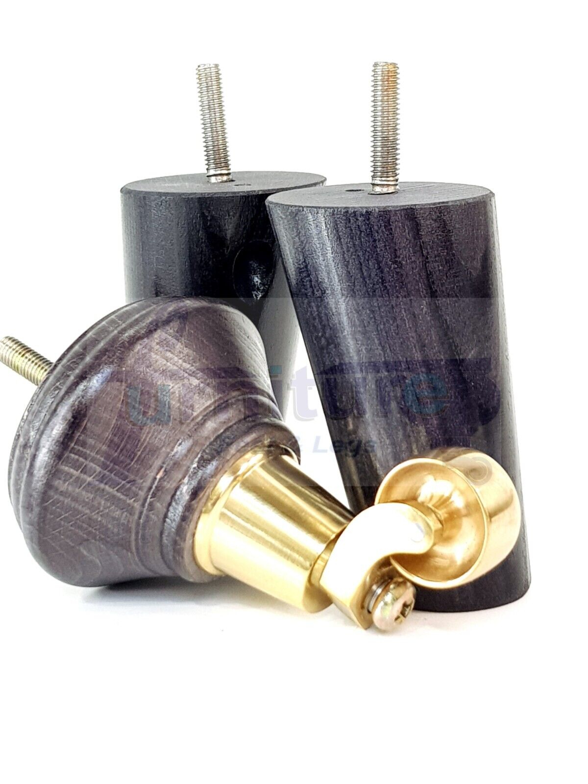 2 Black Stain Wood Furniture Sofa Legs With Castor 125mm & 2 Angled Back Feet Chair Settee 100mm High M8