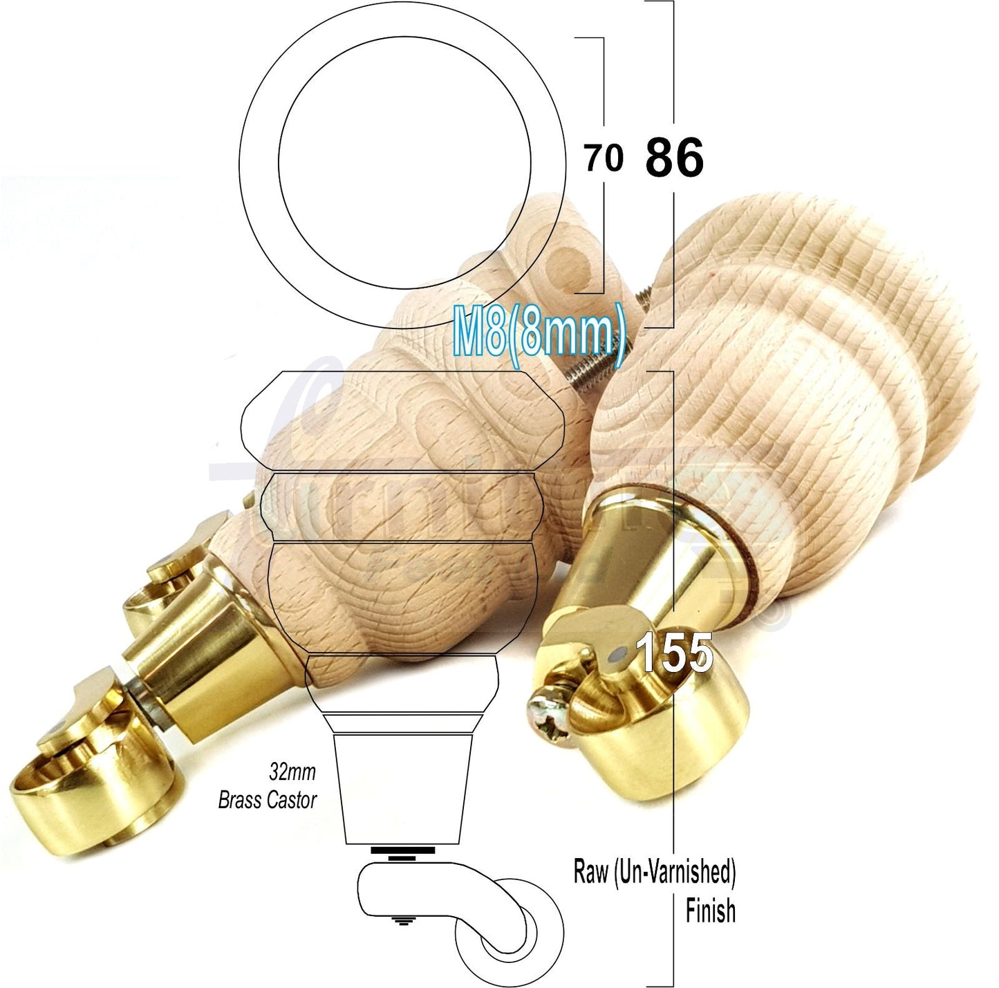 4 Turned Wood Furniture Feet With Brass Castors 155mm Legs Sofas Chairs Stools Cabinets Beds M8 6 Inches