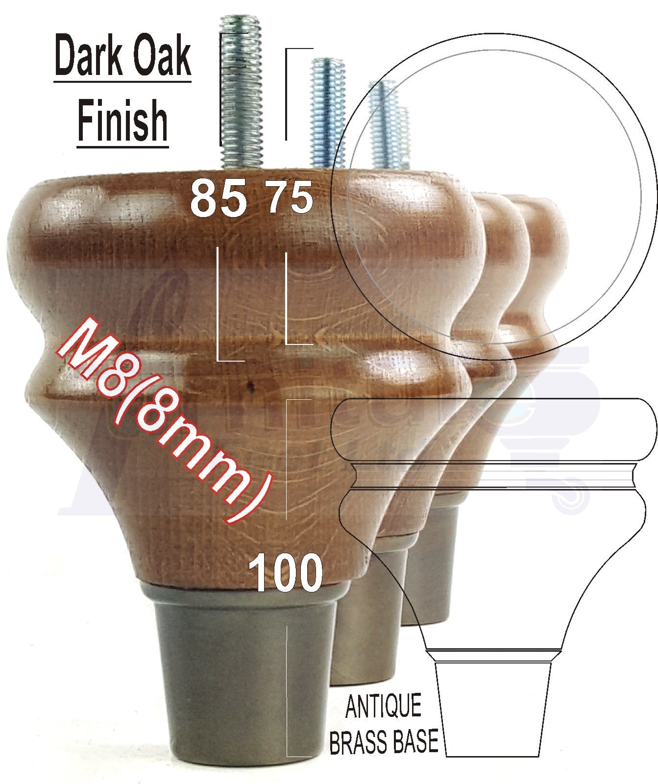 4x Turned Wood Furniture Feet M8(8mm) With Slipper Cup Chair Sofa Settee Legs 110mm