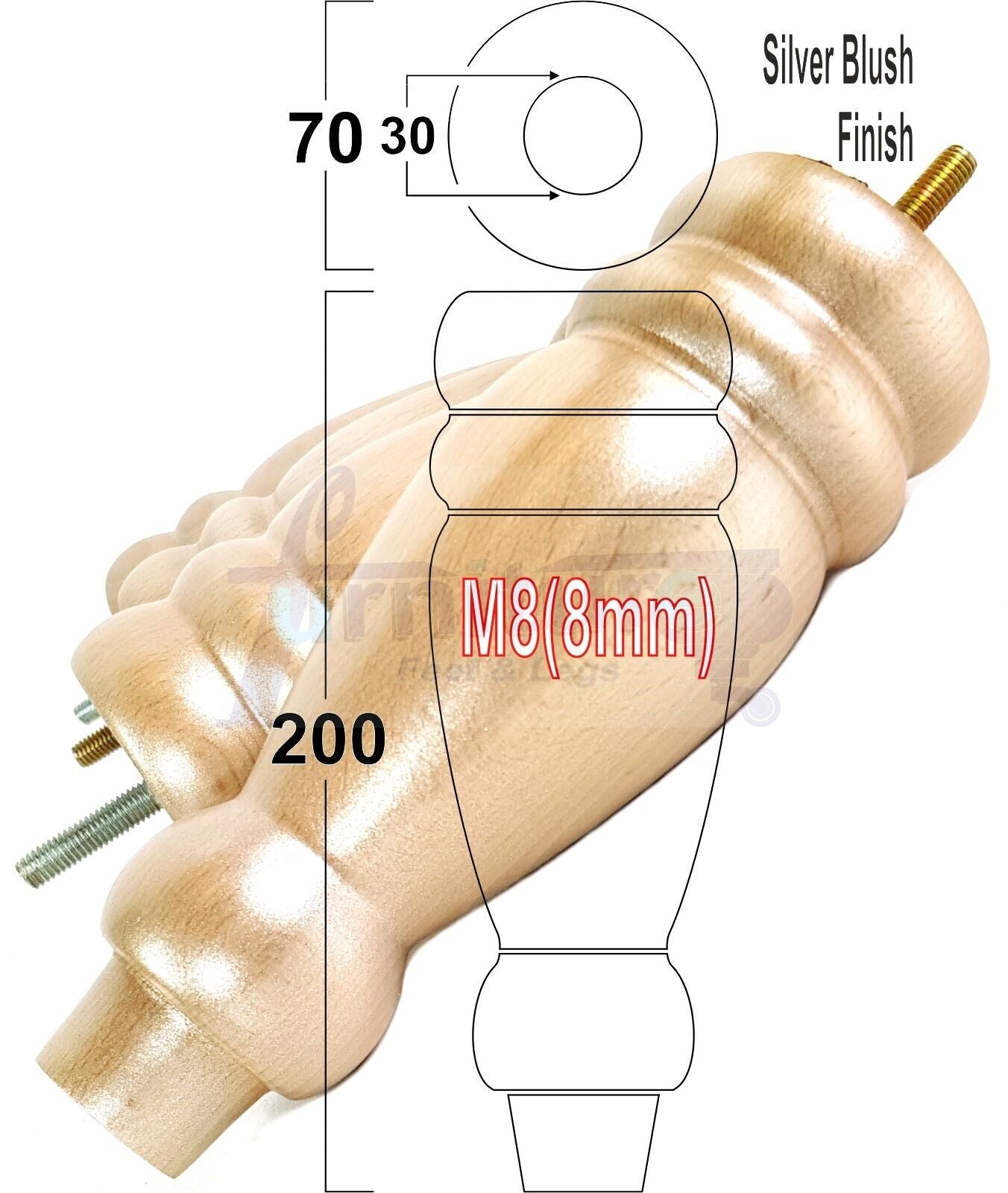 Set Of 4 Turned Furniture Legs Replacement Sofa Feet 200mm High M8 Thread