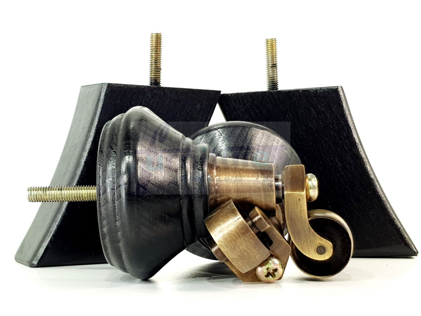 2 Black Wood Furniture Sofa Feet With Castor 125mm & 2 Curved Legs Chair Settee 100mm High M8