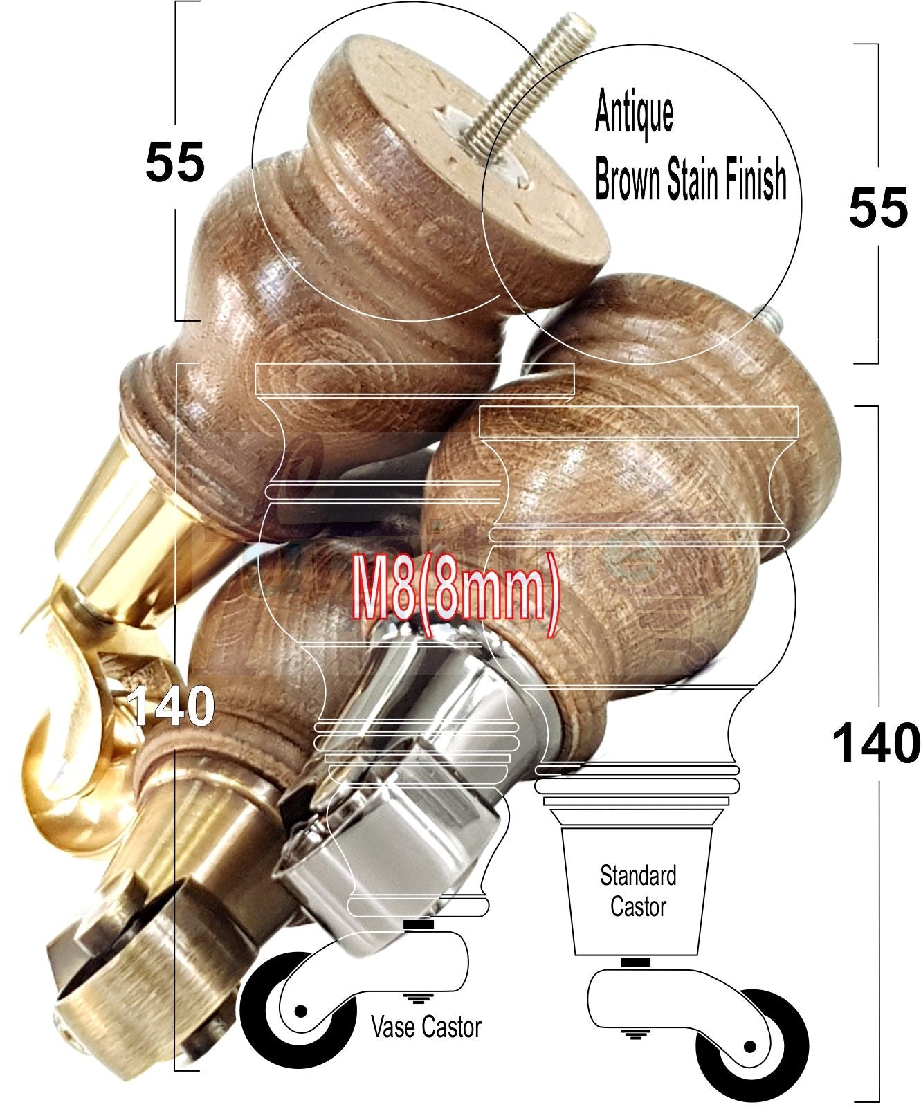 Set Of 4 Turned Wood Furniture Legs With 150mm High Castor 8mm Thread For Chairs Settees & Cabinets Antique Brown Stain