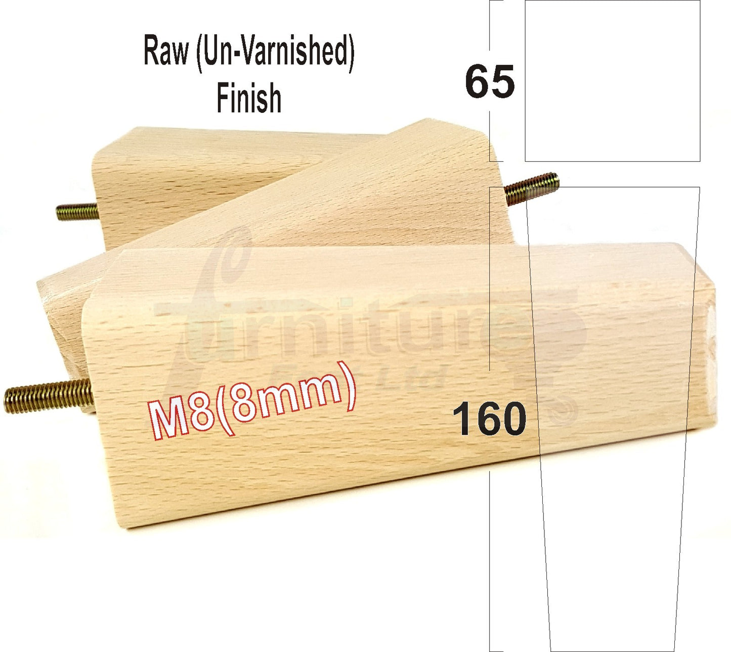 4x Wooden Furniture Legs 160mm High Replacement Square Tapered Feet 8mm