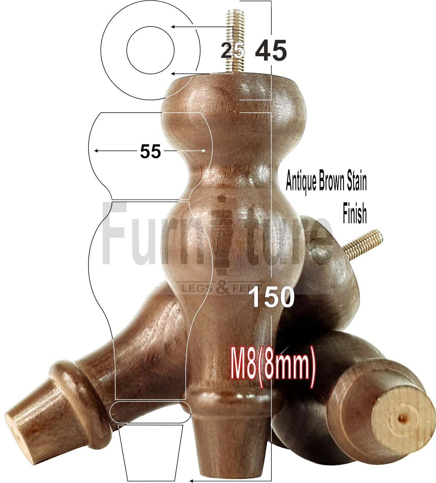 Set Of 4 Solid Wood Turned Furniture Feet Replacement Legs 150mm High 8mm Thread