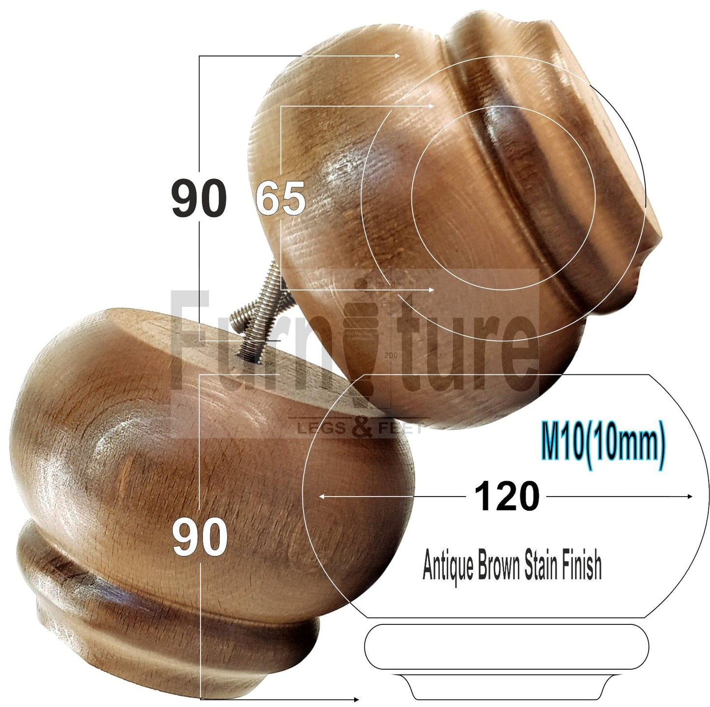  4 Turned Wooden Furniture Legs Replacement Feet 50mm High 10mm Thread For Settees, Chairs