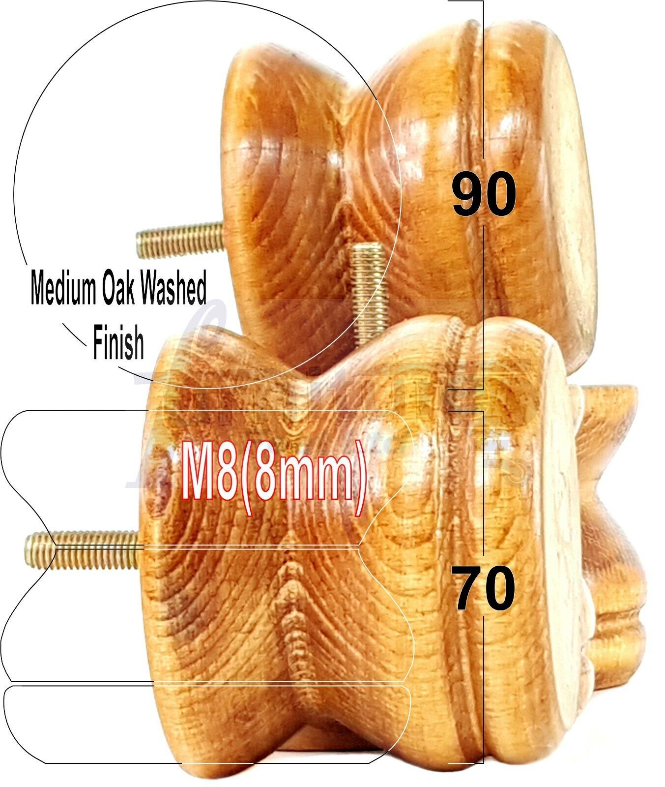 4x Turned Solid Wood Furniture Legs Replacement Bun Feet 70mm High 8mm Thread