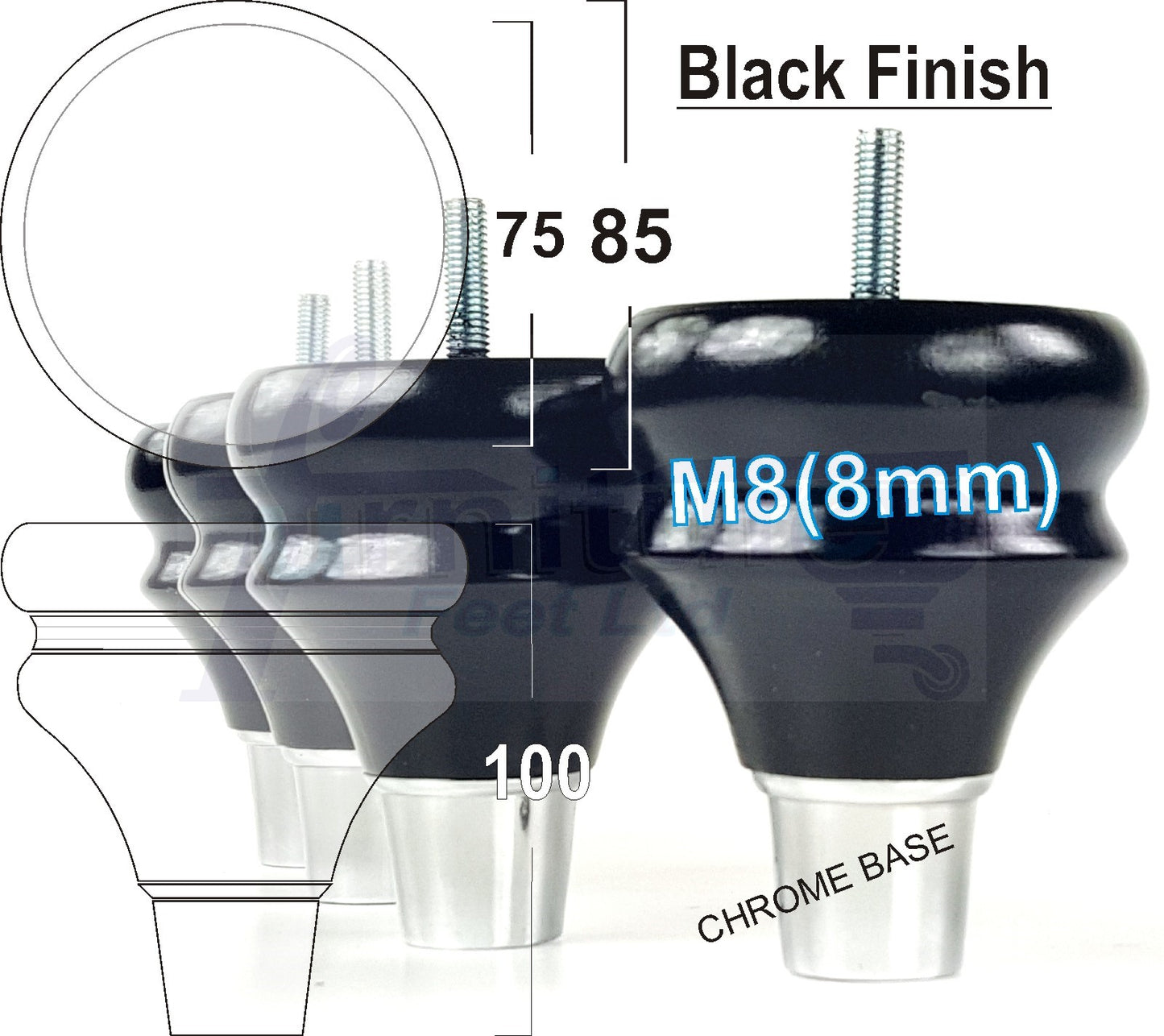 4x Turned Wood Furniture Feet M8(8mm) With A Chrome Slipper Cup Chair Sofa Settee Legs 100mm