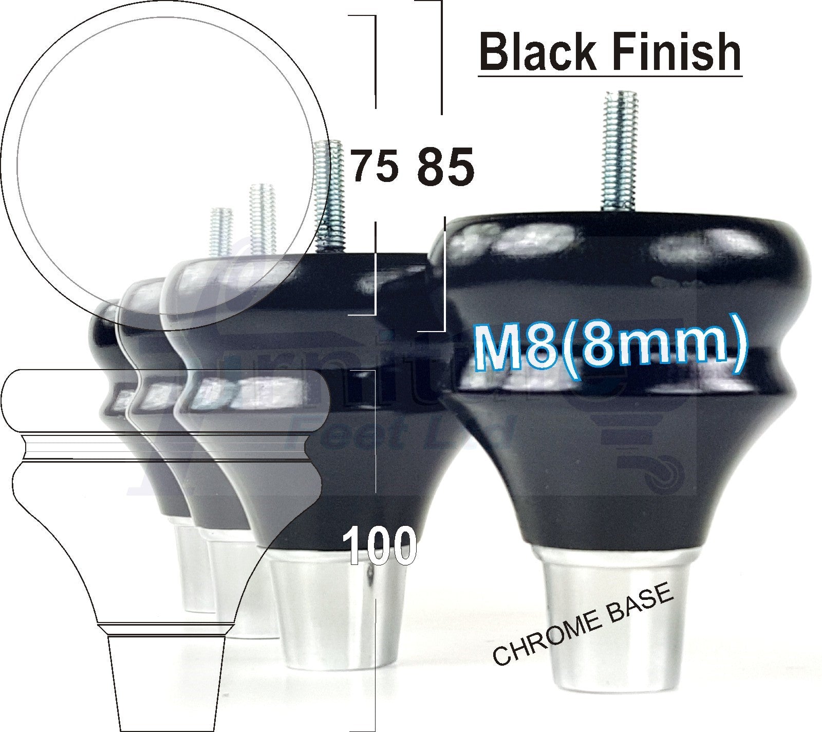 4x Turned Wood Furniture Feet M8(8mm) With A Chrome Slipper Cup Chair Sofa Settee Legs 100mm