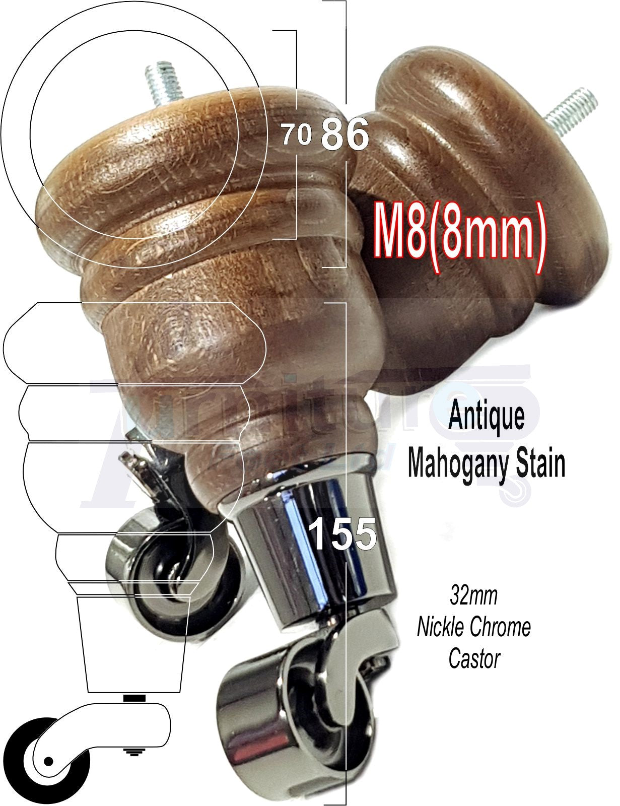 4 Turned Wood Furniture Feet With Black Chrome Castors 155mm Legs Sofas Chairs Stools Cabinets Beds M8 6 Inches