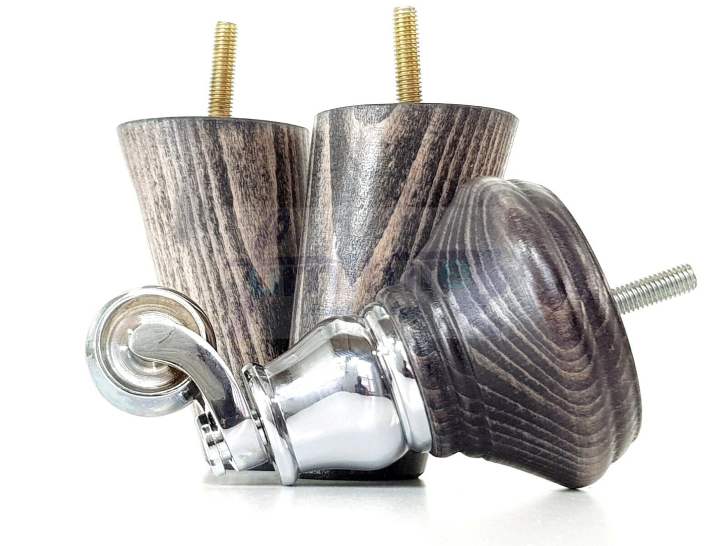 2 Black Washed Wood Furniture Sofa Legs With Castor 125mm & 2 Angled Back Feet Chair Settee 100mm High M8