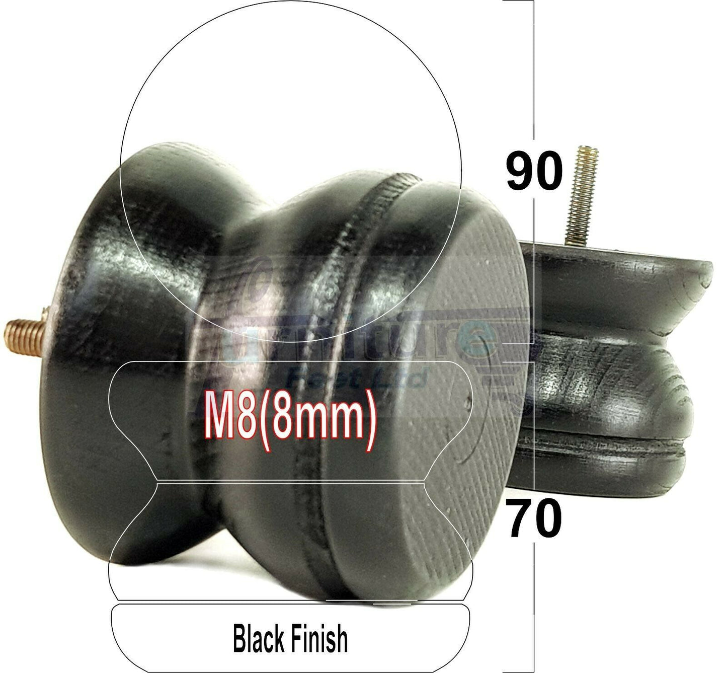 4x Turned Solid Wood Furniture Legs Replacement Bun Feet 70mm High 8mm Thread