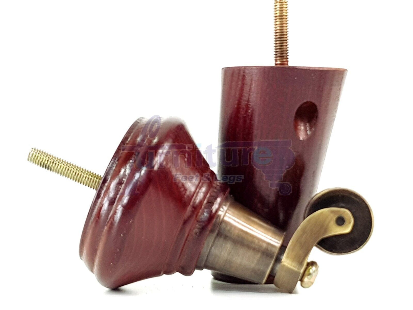 2 Mahogany Wood Furniture Sofa Legs With Castor 125mm & 2 Angled Back Feet Chair Settee 100mm High M8