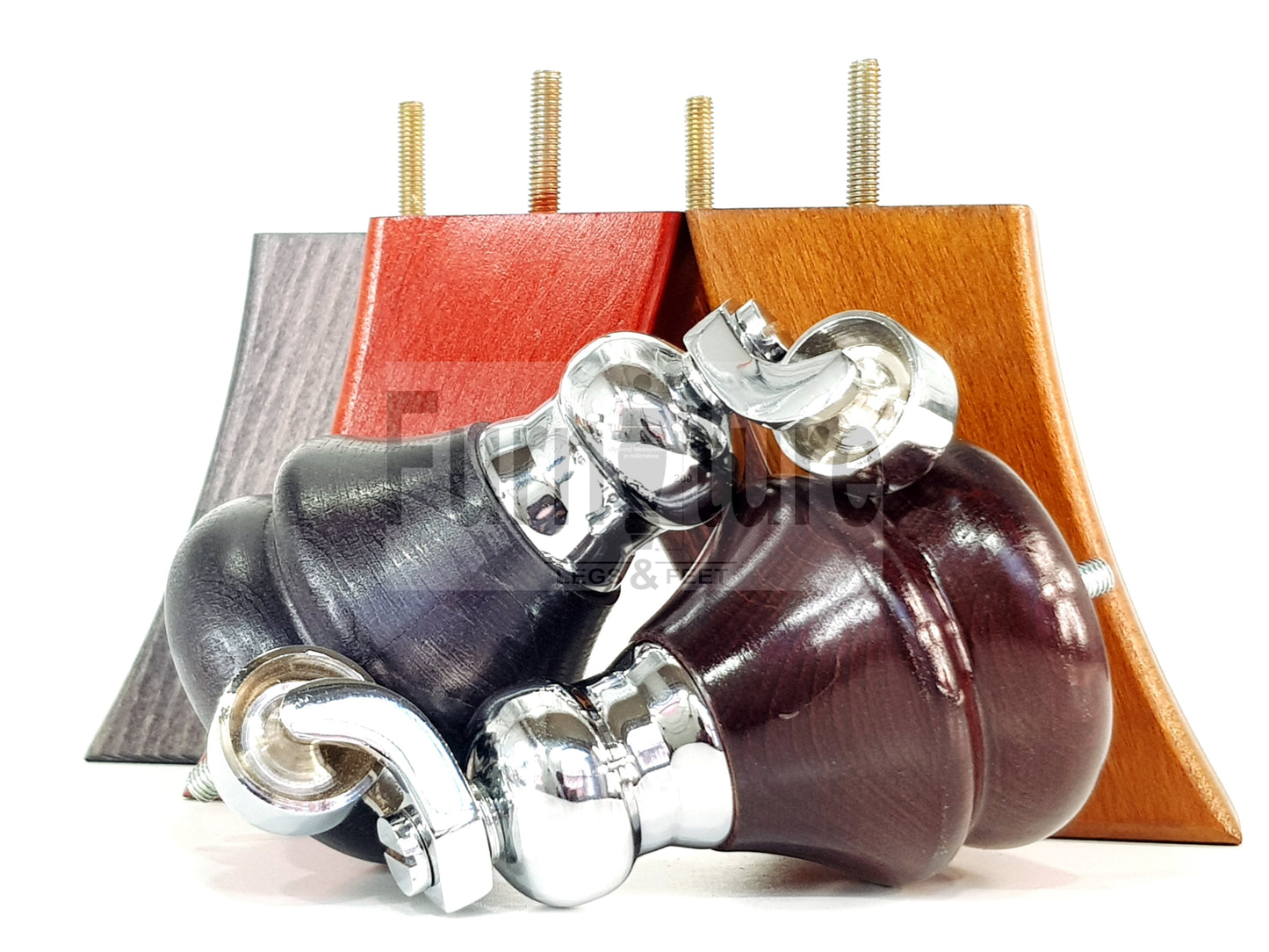 Turned Wood Furniture Feet 2 With Chrome Castors 150mm & 2 Curved Back Legs Sofas Chairs Cabinets Beds M8