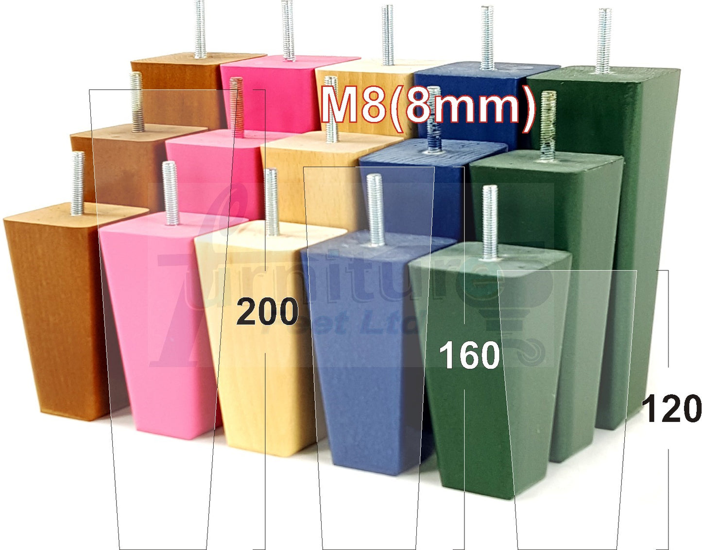 4x Wooden Furniture Legs 170mm High Replacement Square Tapered Feet 8mm