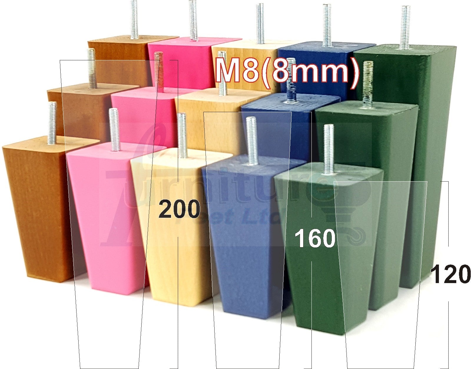 4x Wooden Furniture Legs 170mm High Replacement Square Tapered Feet 8mm
