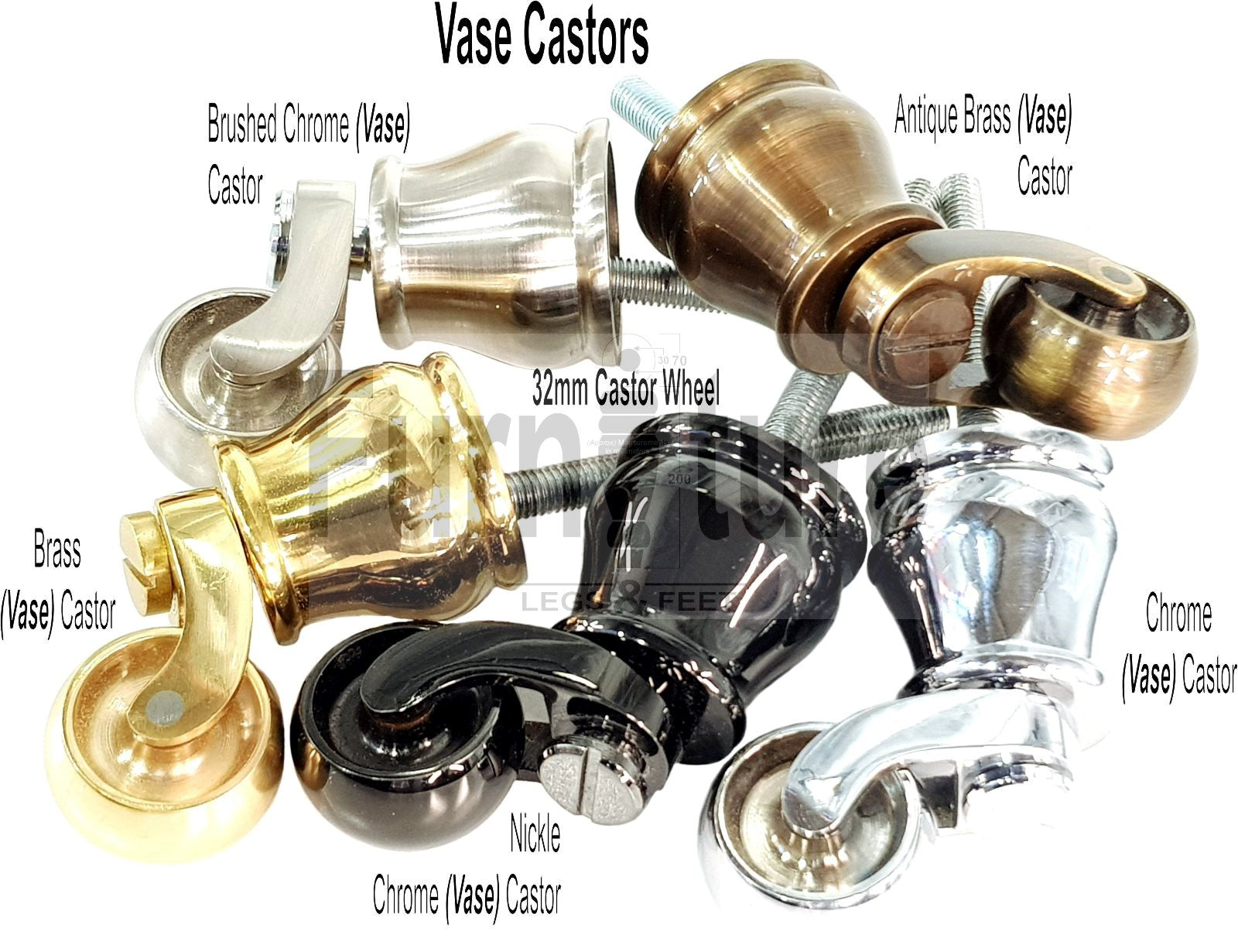 Turned Solid Beech Wood Furniture Legs with Antique Brass Castors Set of 4 Sofa Feet 155mm High M8 Threaded Dowl Fitting