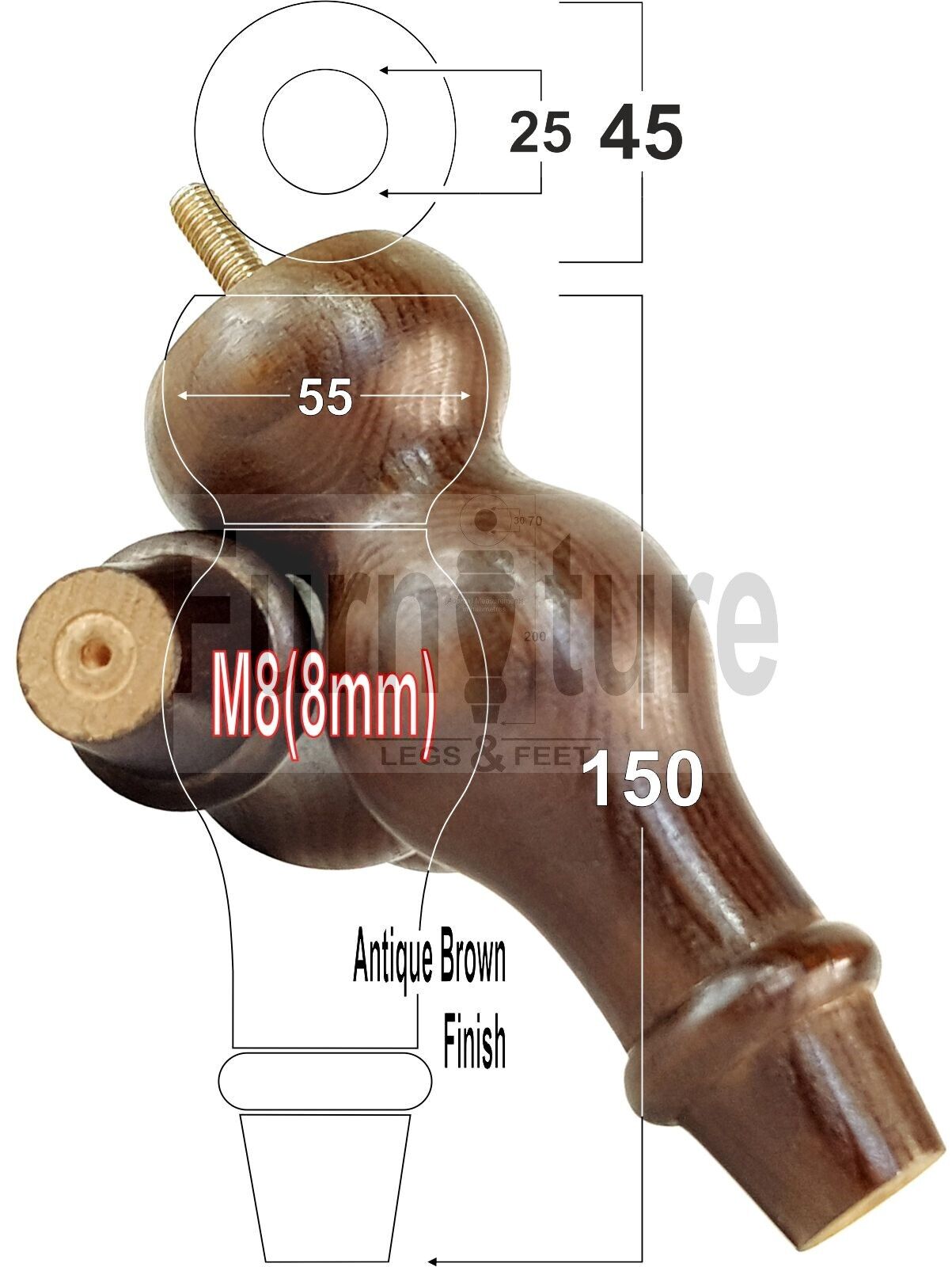 Set Of 4 Solid Wood Turned Furniture Feet Replacement Legs 150mm High 8mm Thread