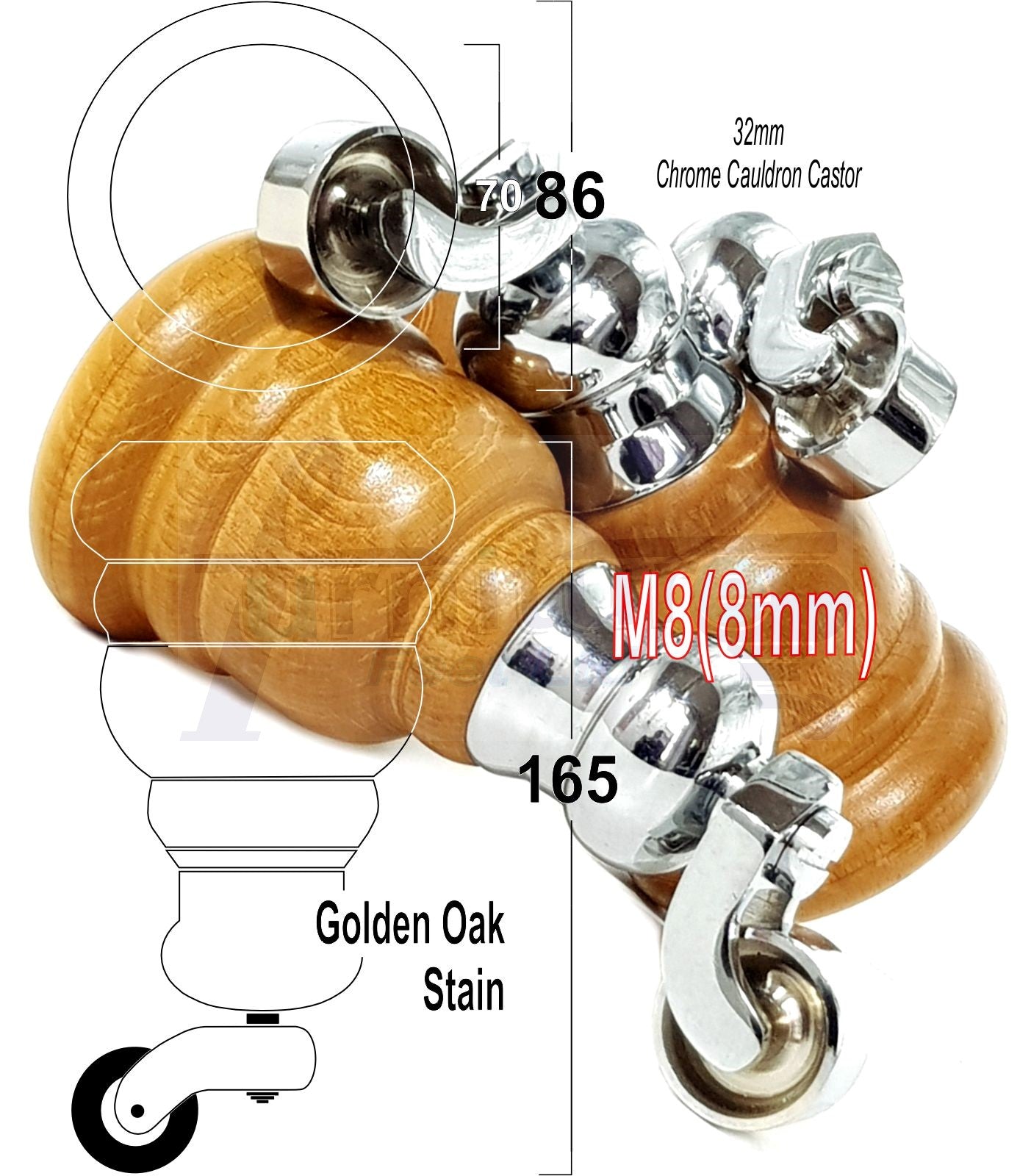 4 Turned Wood Furniture Feet With Chrome Cauldron Castors 155mm Legs Sofas Chairs Stools Cabinets Beds M8 6 Inches