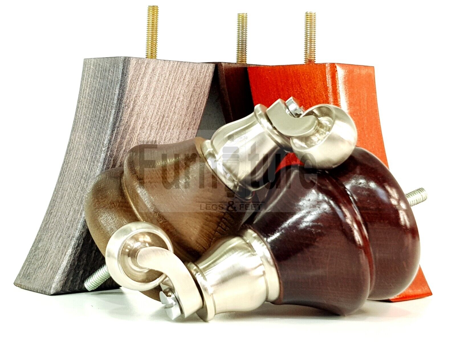 Turned Wood Furniture Feet 2 With Brushed Chrome Castors 140mm & 2 Curved Back Legs Sofas Chairs Stools Cabinets Beds M8