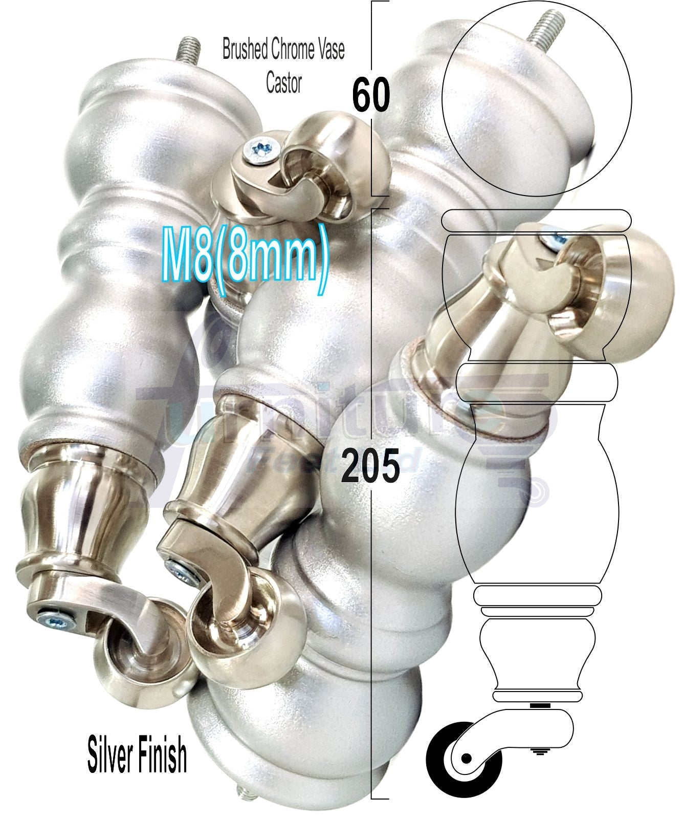 4x Furniture Feet With Castor 205mm High Legs Silver Wood M8 Sofas Chairs Stools Cabinets 8 Inches Tall