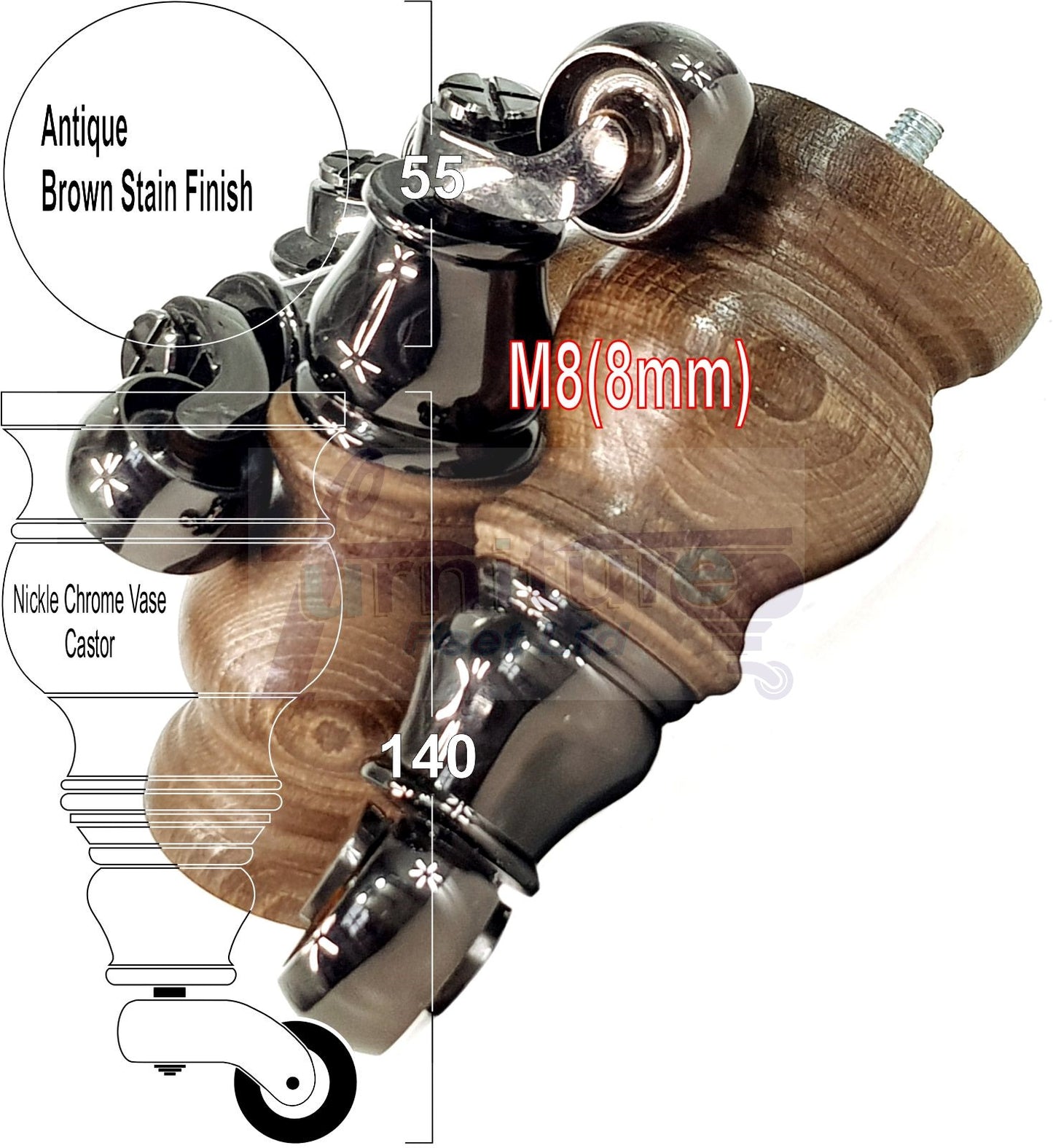 Set Of 4 Turned Wood Furniture Legs With 150mm High Castor 8mm Thread For Chairs Settees & Cabinets Antique Brown Stain
