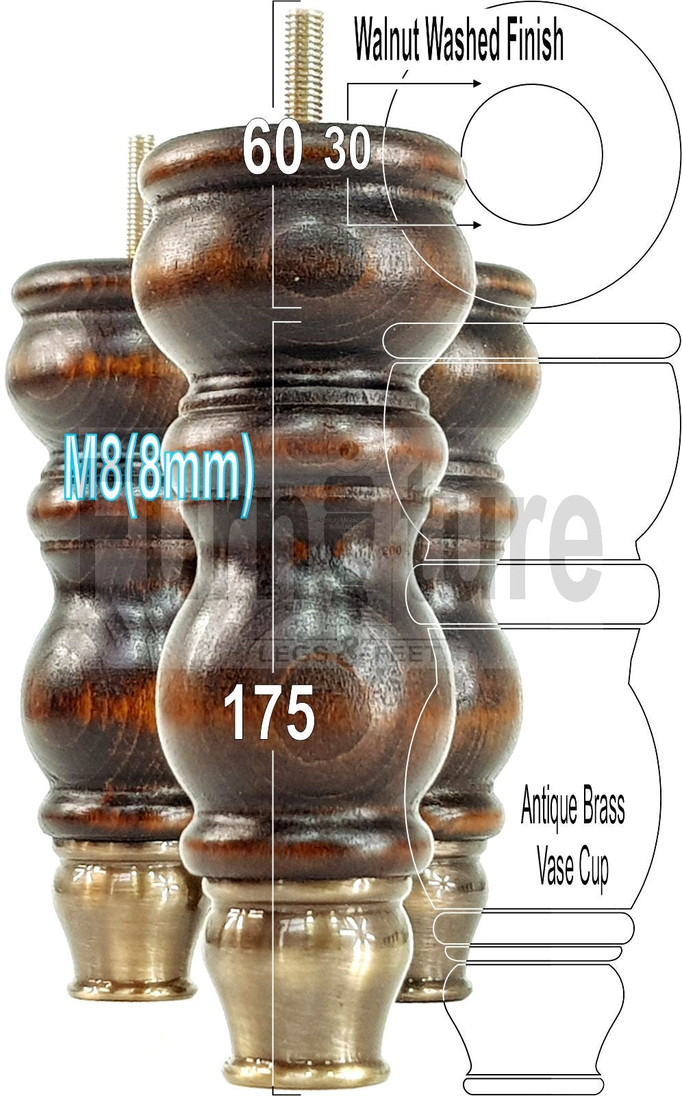 4x Furniture Feet With Slipper Cup 175mm High Legs Dark Walnut Finish Wood M8 Sofas Chairs Cabinets