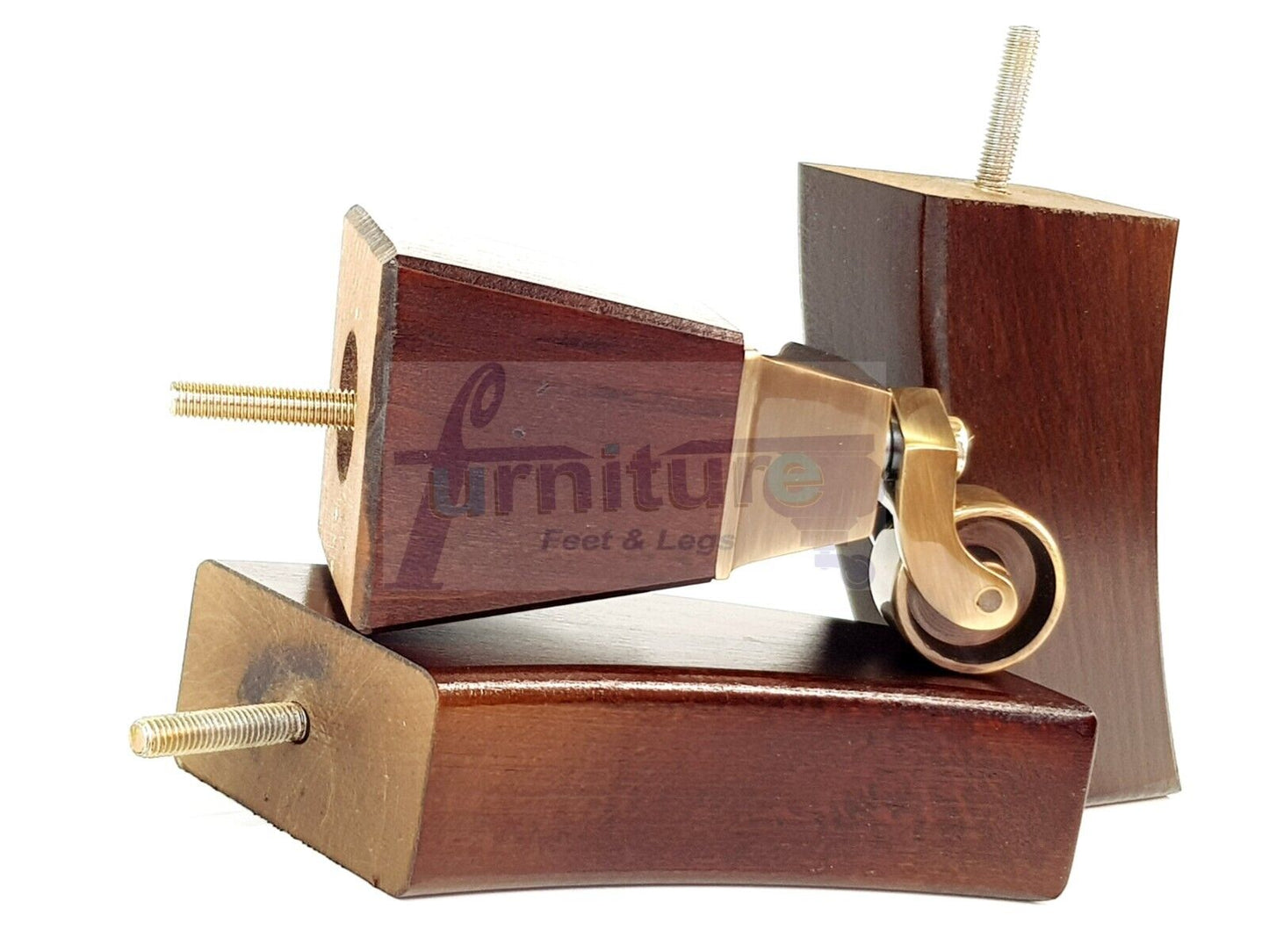 2x Cuved Wood Furniture Legs & 2x Antique Castor Feet 150mm High For Chairs Sofas Settees 8mm Thread
