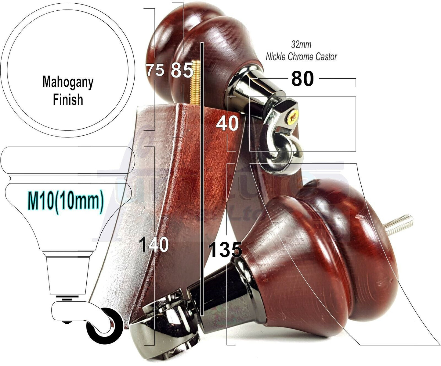 Turned Wood Furniture Feet 2 With Castors 140mm & 2 Curved Back Legs Sofas Chairs Stools Cabinets Beds M10(10mm)