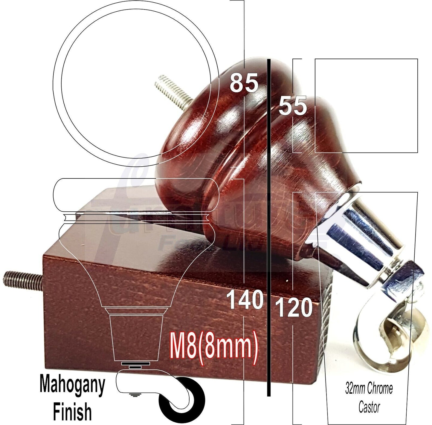 Turned Wood Furniture Feet 2 With Castors 140mm & 2 Curved Back Legs Sofas Chairs Cabinets Beds M8