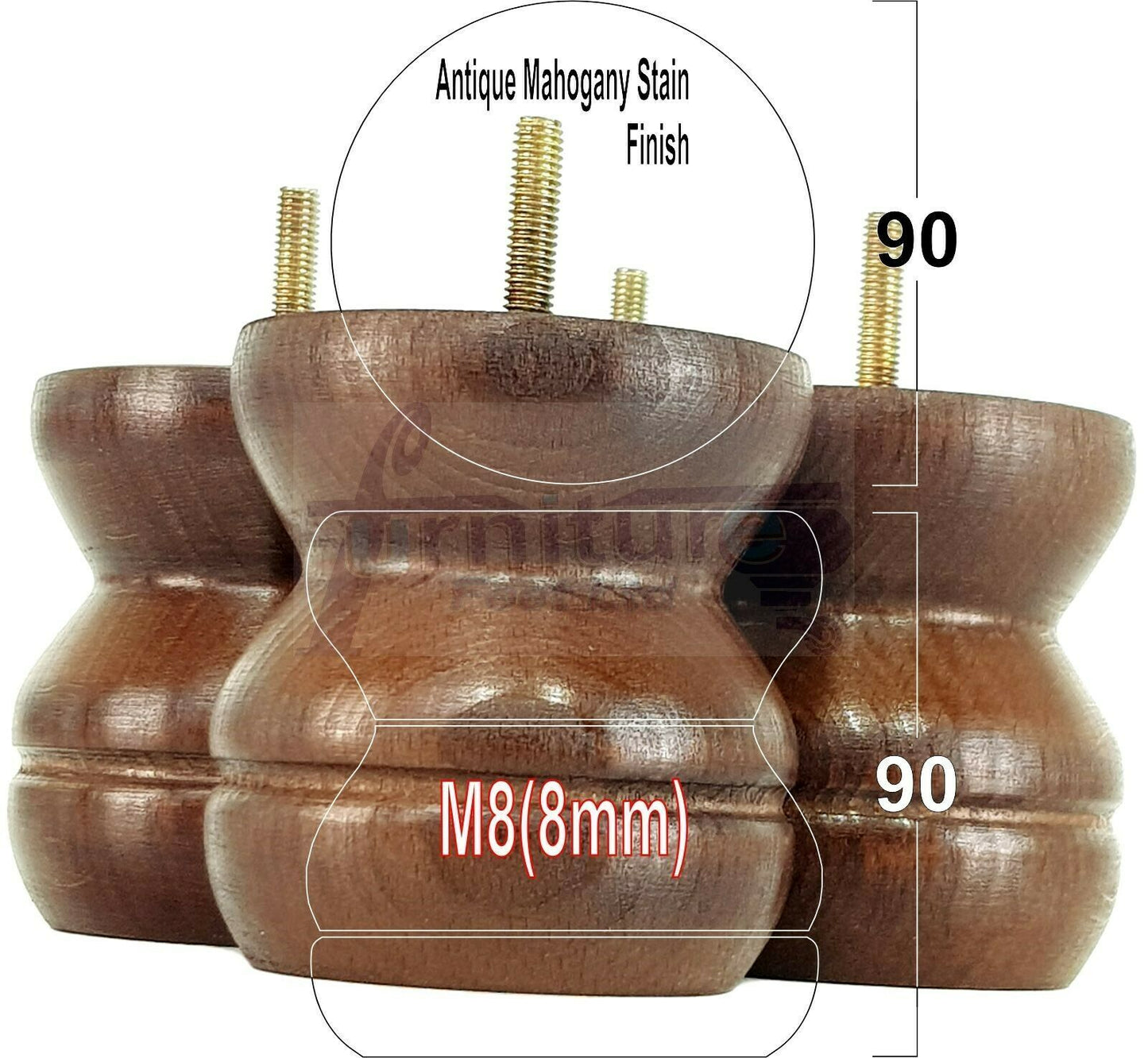 4x Turned Solid Wood Furniture Legs Replacement Bun Feet 90mm High 8mm Thread