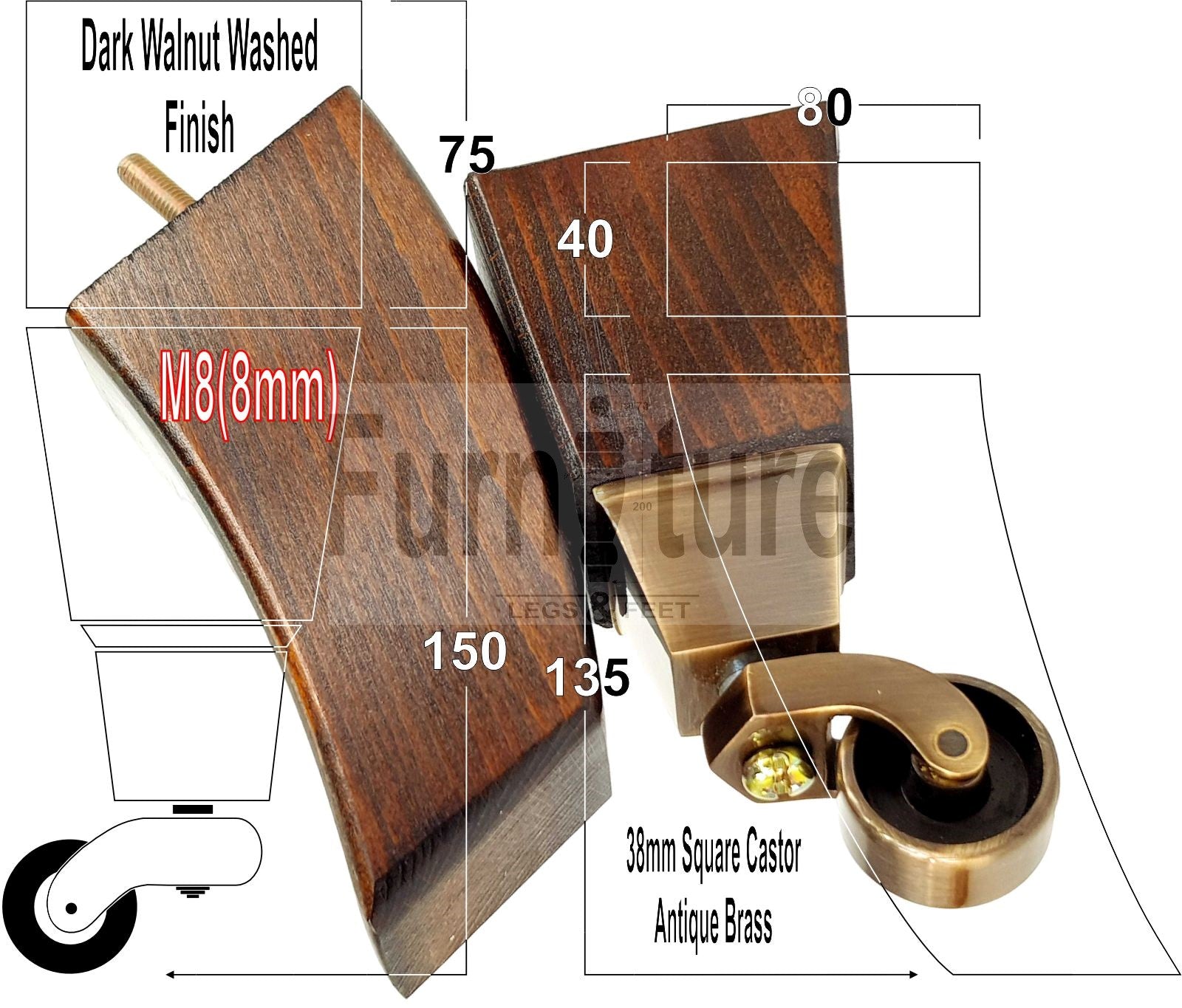 4x Block Wood Furniture Legs With Castor 8mm Thread For Chairs Settees Sofa 150mm High