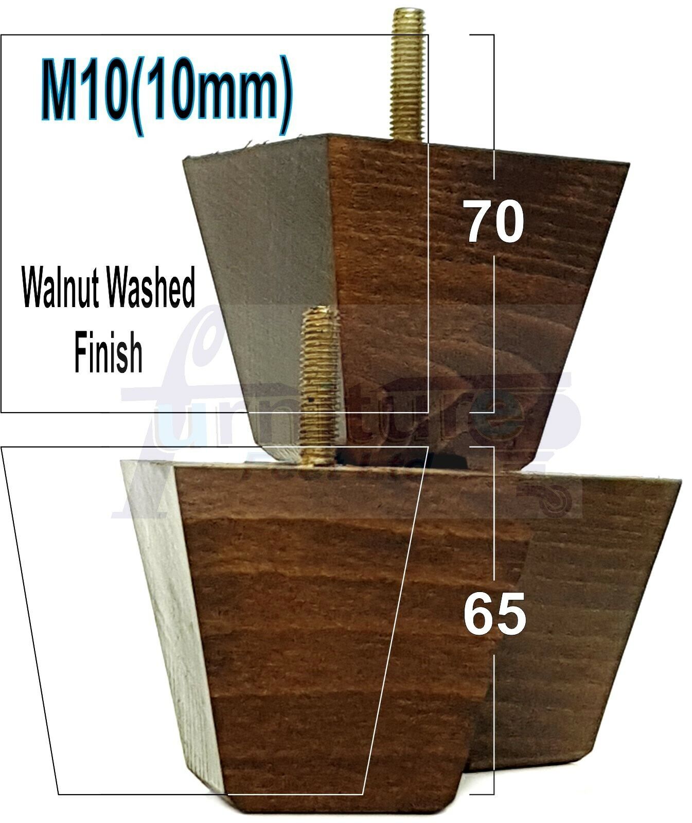 4 Solid Wood Square Furniture Feet Replacement Legs 65mm High M10 Thread