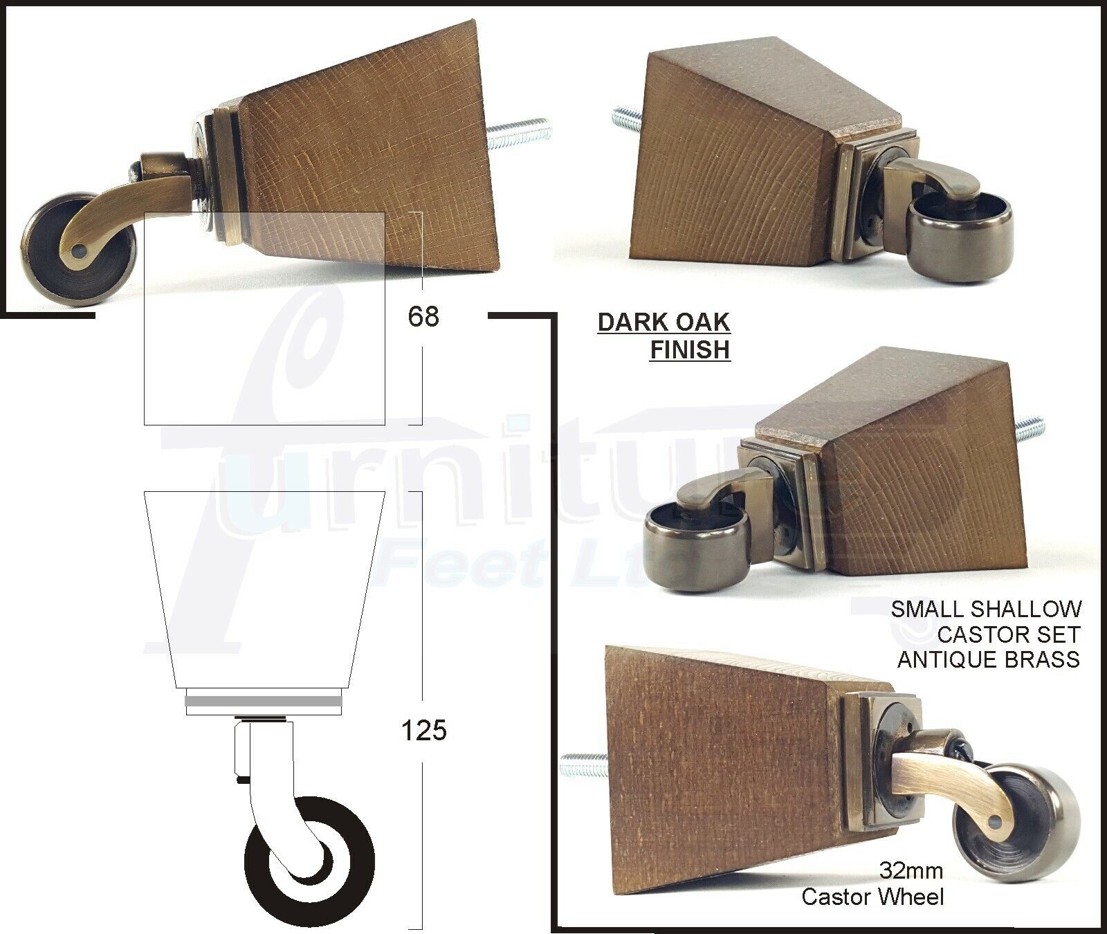 Set Of 4 Wooden Turned Replacement Furniture Legs 125mm High With Brass Castor Wheels 8mm Thread