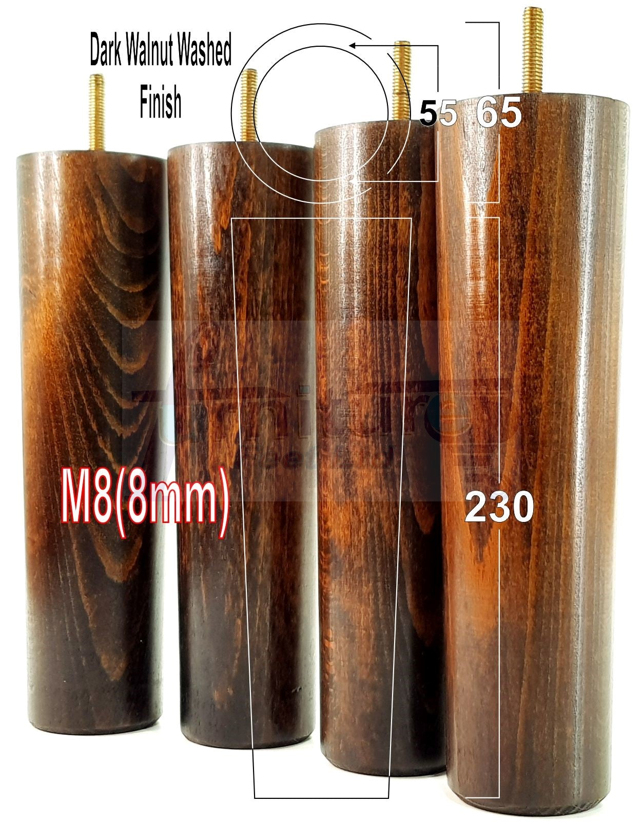 4 Furniture Legs Replacement Feet 230mm Chairs Settee & Cabinets M8 Thread Dark Walnut Washed