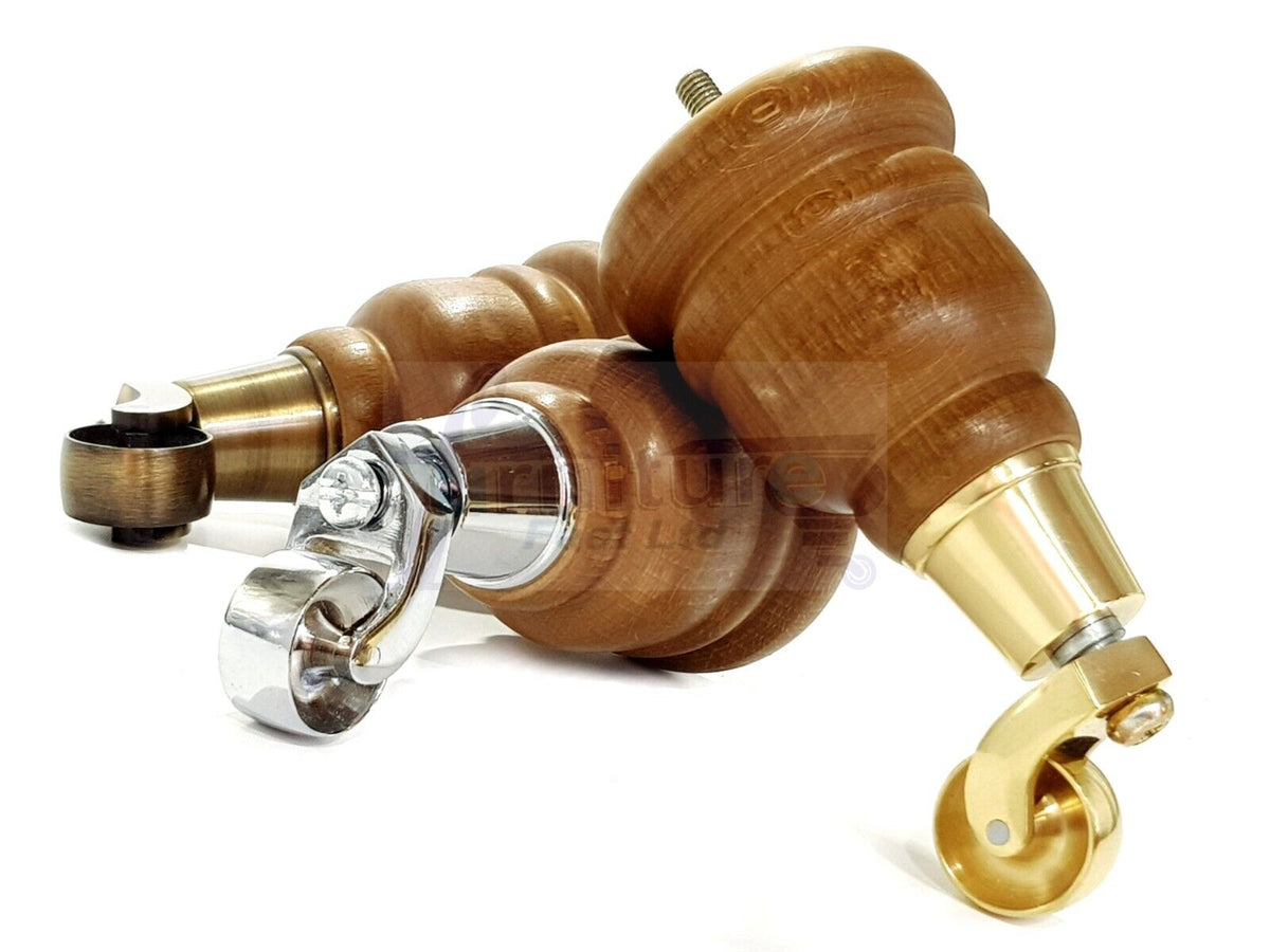 4 Turned Wood Dark Oak Stain Furniture Replacement Legs with Castors 155mm Legs M8 Fitting