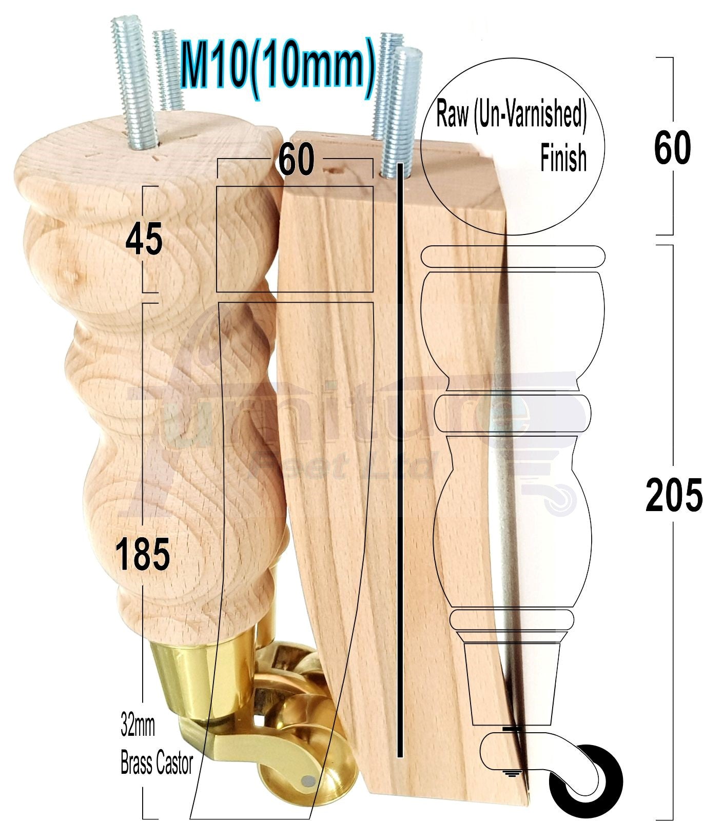2x Wood Furniture Castor Settee Feet & 2x Curved Legs 10mm Thread 205mm High Raw (Un-Varnished) For Sofas Chairs Stools Cabinets & Beds