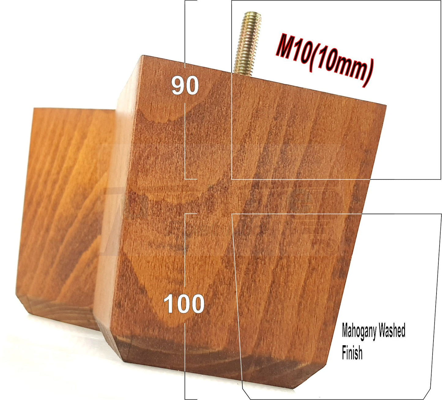 4x Solid Wood Square Furniture Legs Block Replacement Feet 100mm M10 Thread