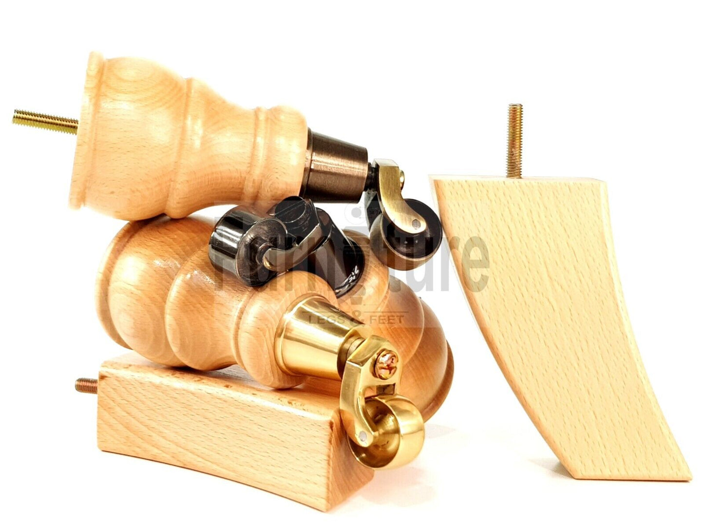 2 Wooden Castor Furniture Sofa Legs & 2 Curved Back Feet  Natural M8 Chair Settee Feet 160mm High