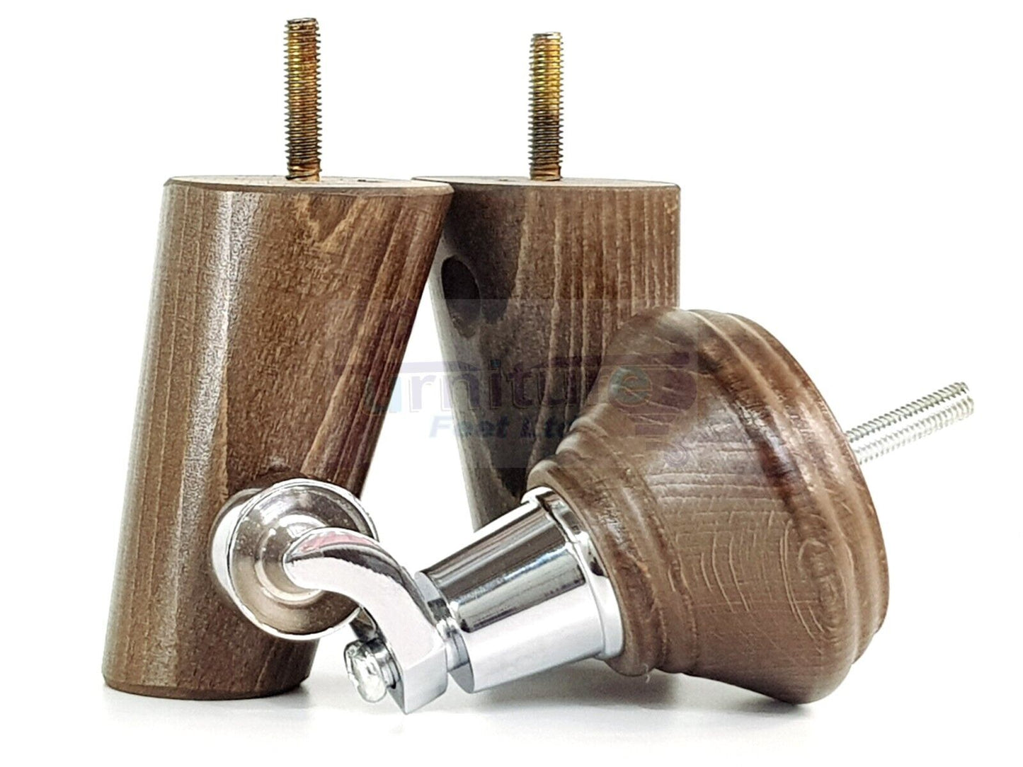 2 Antique Brown Stain Wood Furniture Sofa Legs With Castor 125mm & 2 Angled Back Feet Chair Settee 100mm High M8