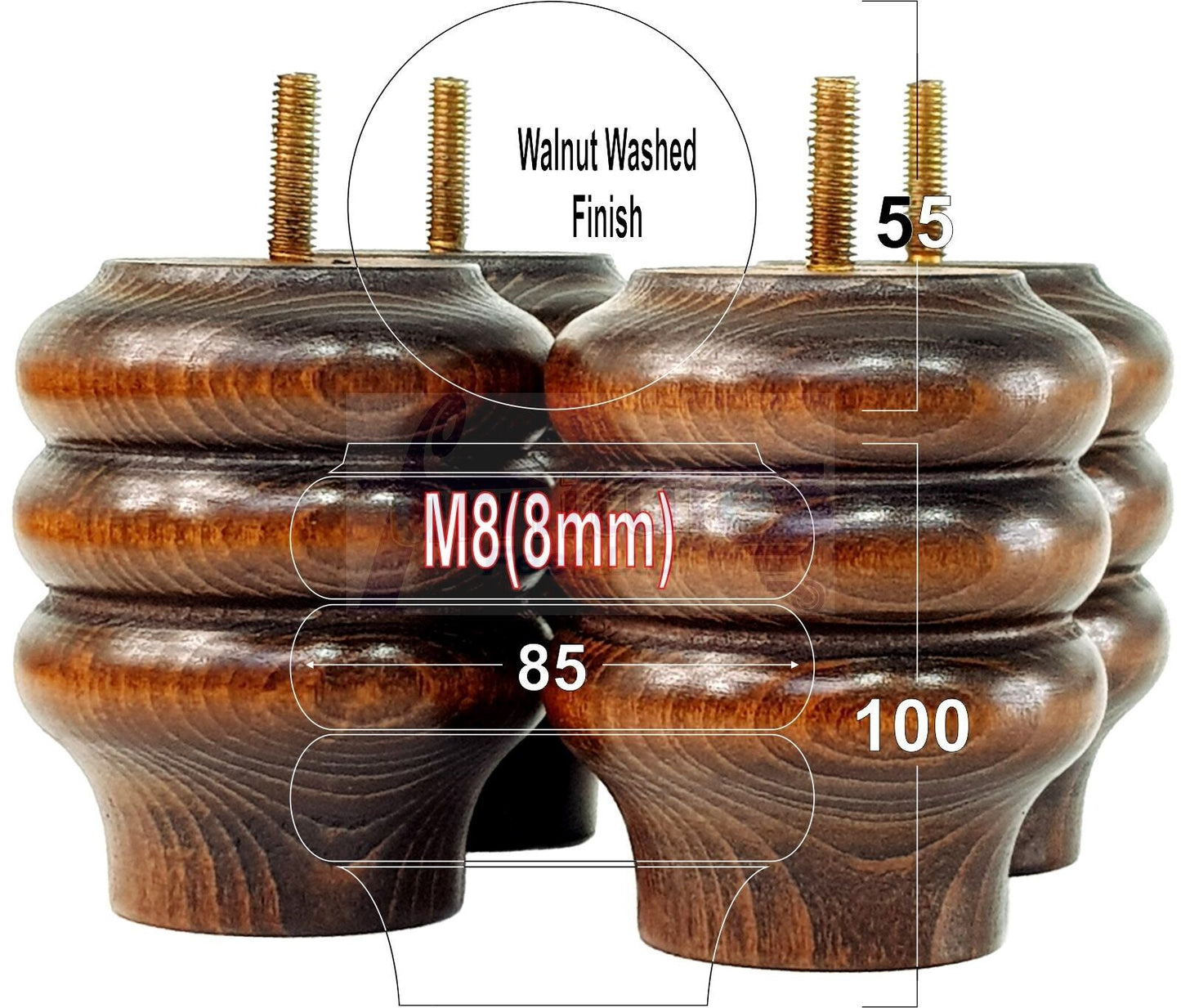 Set Of 4 Solid Wood Turned Furniture Legs Replacement Bun Feet 100mm High 8mm Thread